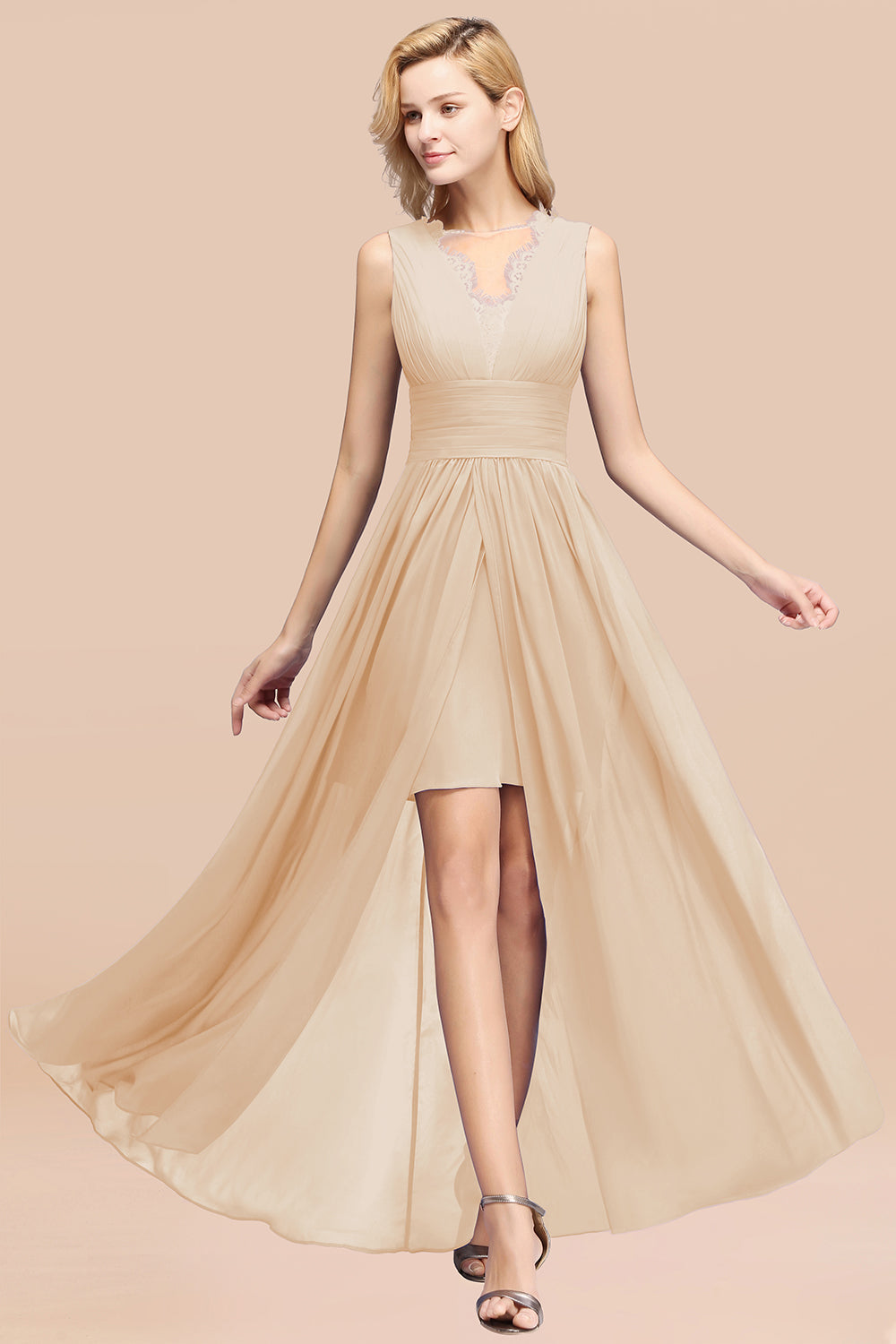 Elegant Chiffon Lace Jewel Sleeveless Bridesmaid Dresses with Ruffle - Fashionpara