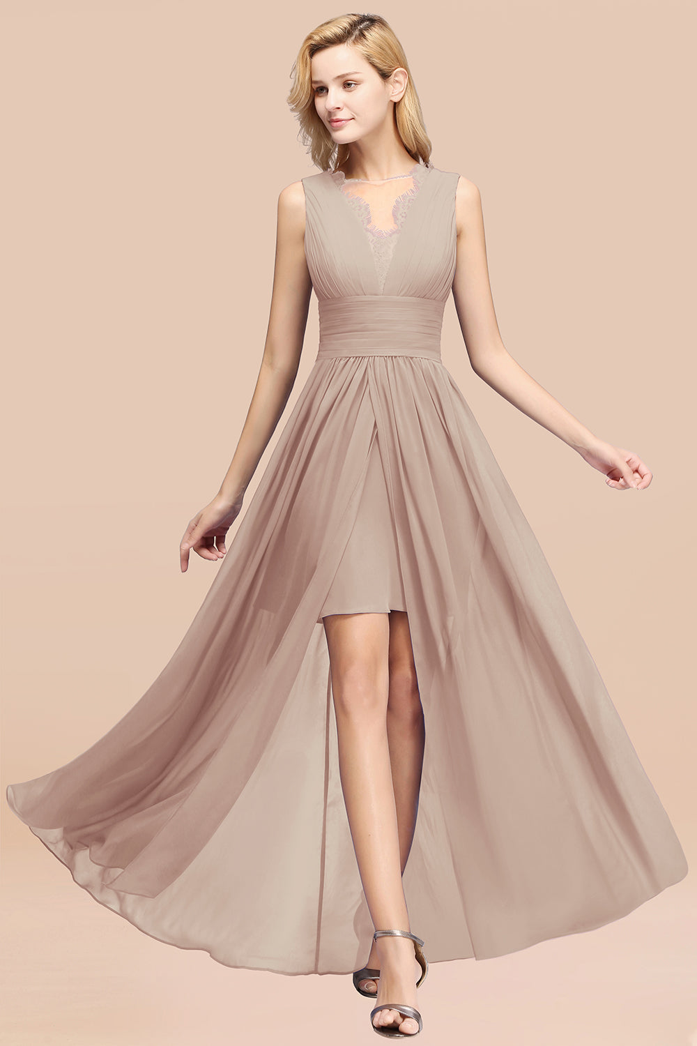 Elegant Chiffon Lace Jewel Sleeveless Bridesmaid Dresses with Ruffle - Fashionpara