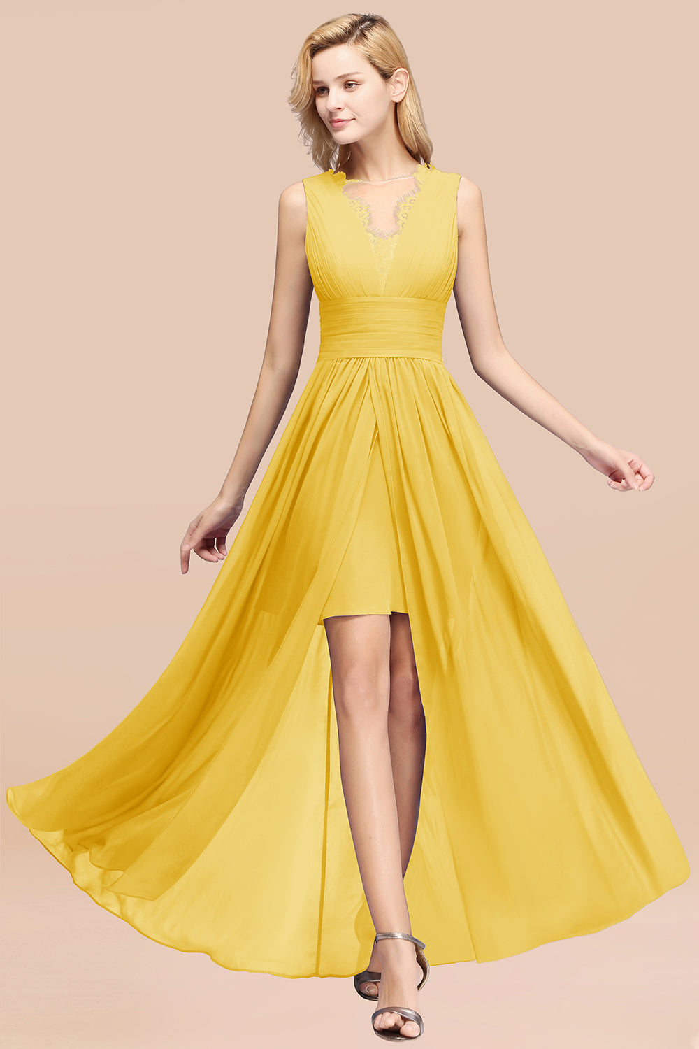 Elegant Chiffon Lace Jewel Sleeveless Bridesmaid Dresses with Ruffle - Fashionpara