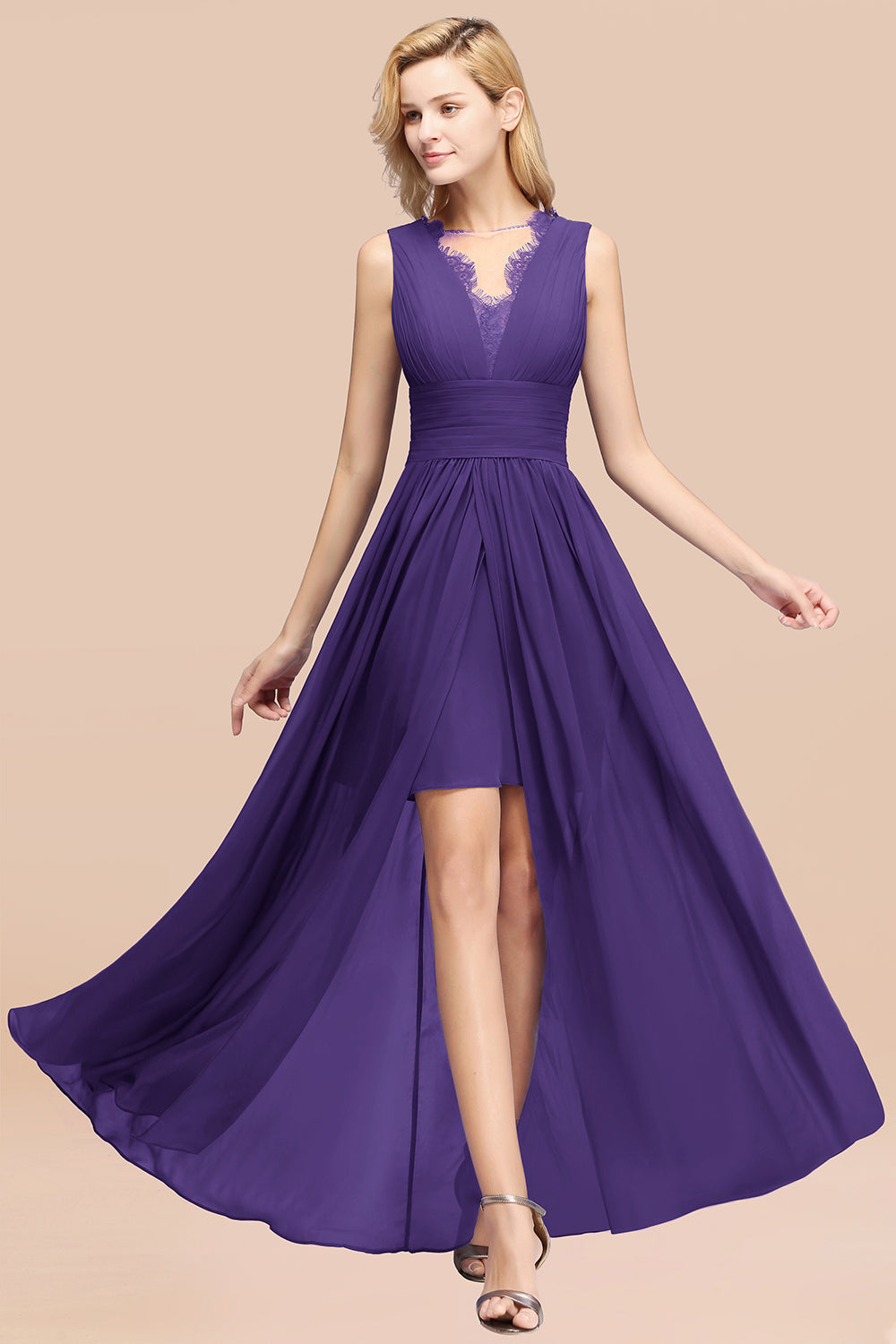 Elegant Chiffon Lace Jewel Sleeveless Bridesmaid Dresses with Ruffle - Fashionpara
