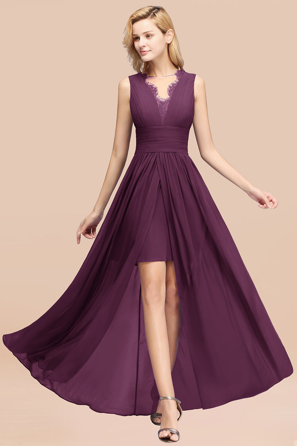 Elegant Chiffon Lace Jewel Sleeveless Bridesmaid Dresses with Ruffle - Fashionpara