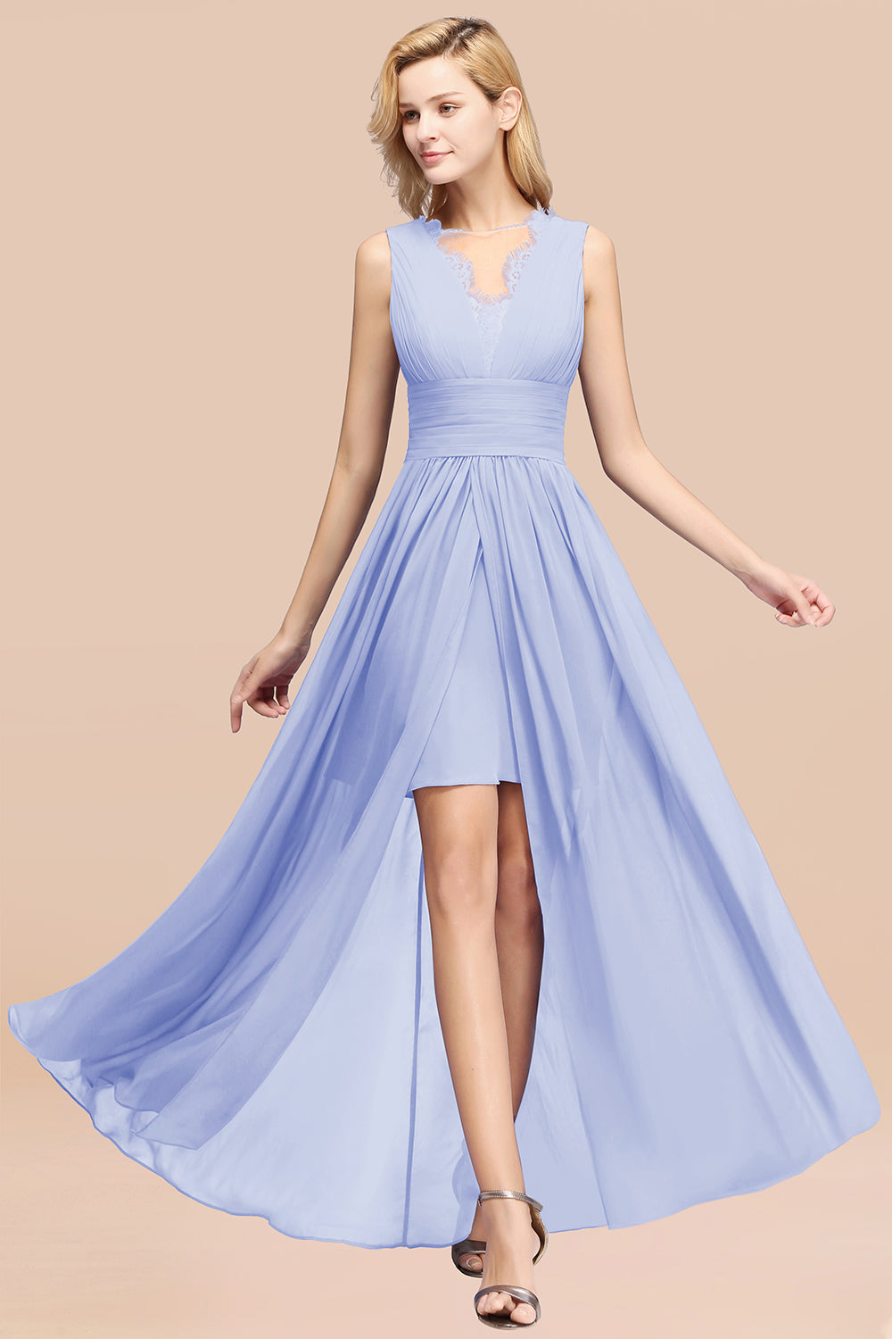 Elegant Chiffon Lace Jewel Sleeveless Bridesmaid Dresses with Ruffle - Fashionpara