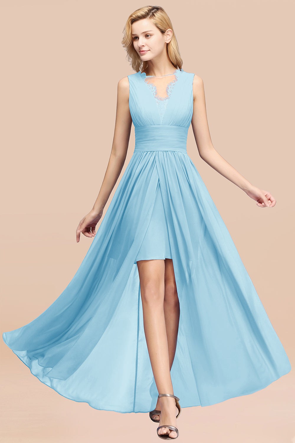 Elegant Chiffon Lace Jewel Sleeveless Bridesmaid Dresses with Ruffle - Fashionpara