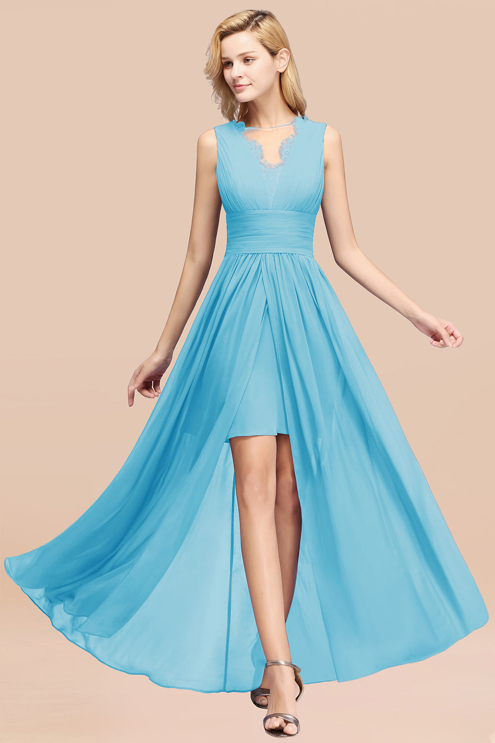 Elegant Chiffon Lace Jewel Sleeveless Bridesmaid Dresses with Ruffle - Fashionpara