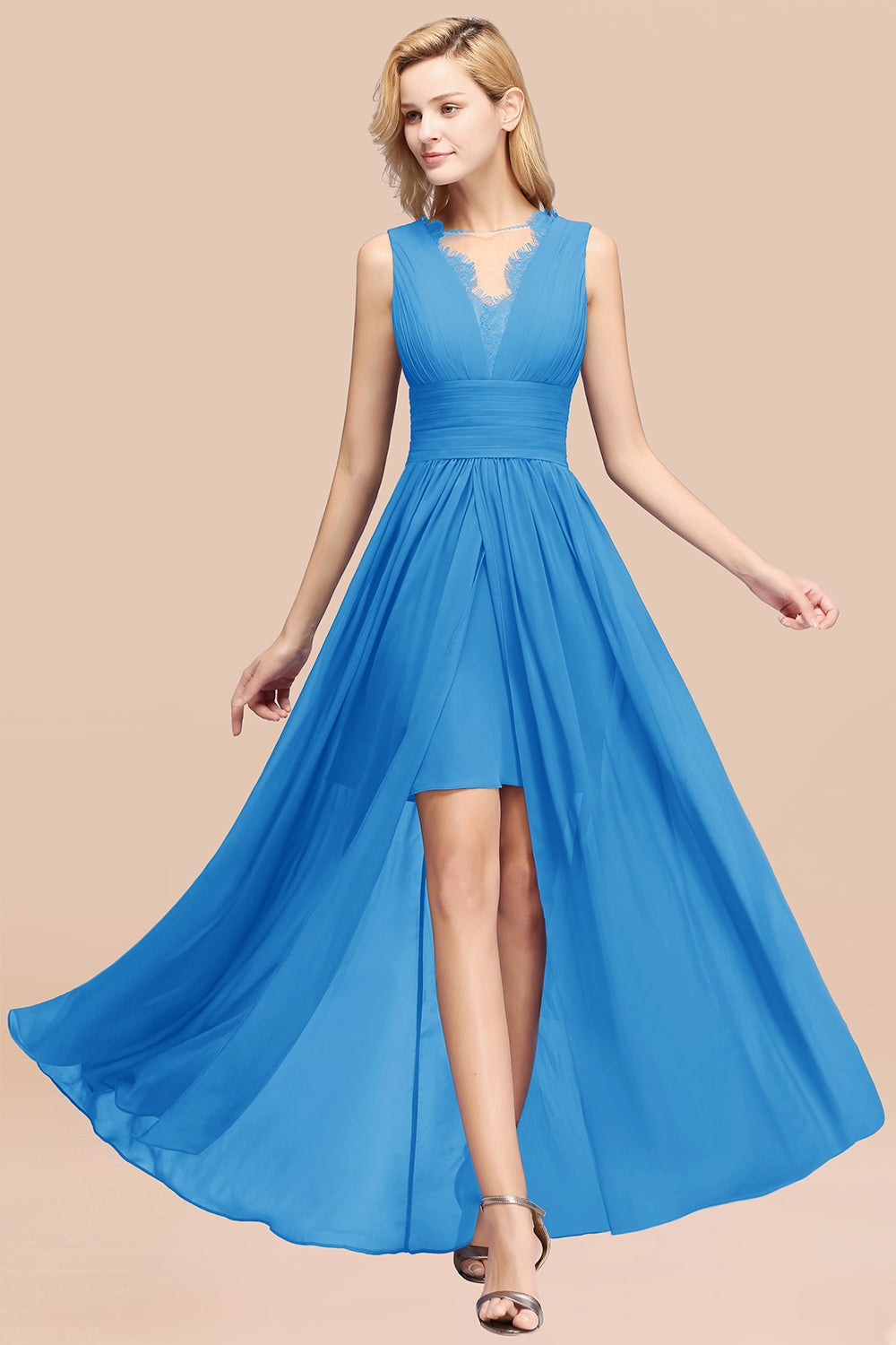 Elegant Chiffon Lace Jewel Sleeveless Bridesmaid Dresses with Ruffle - Fashionpara