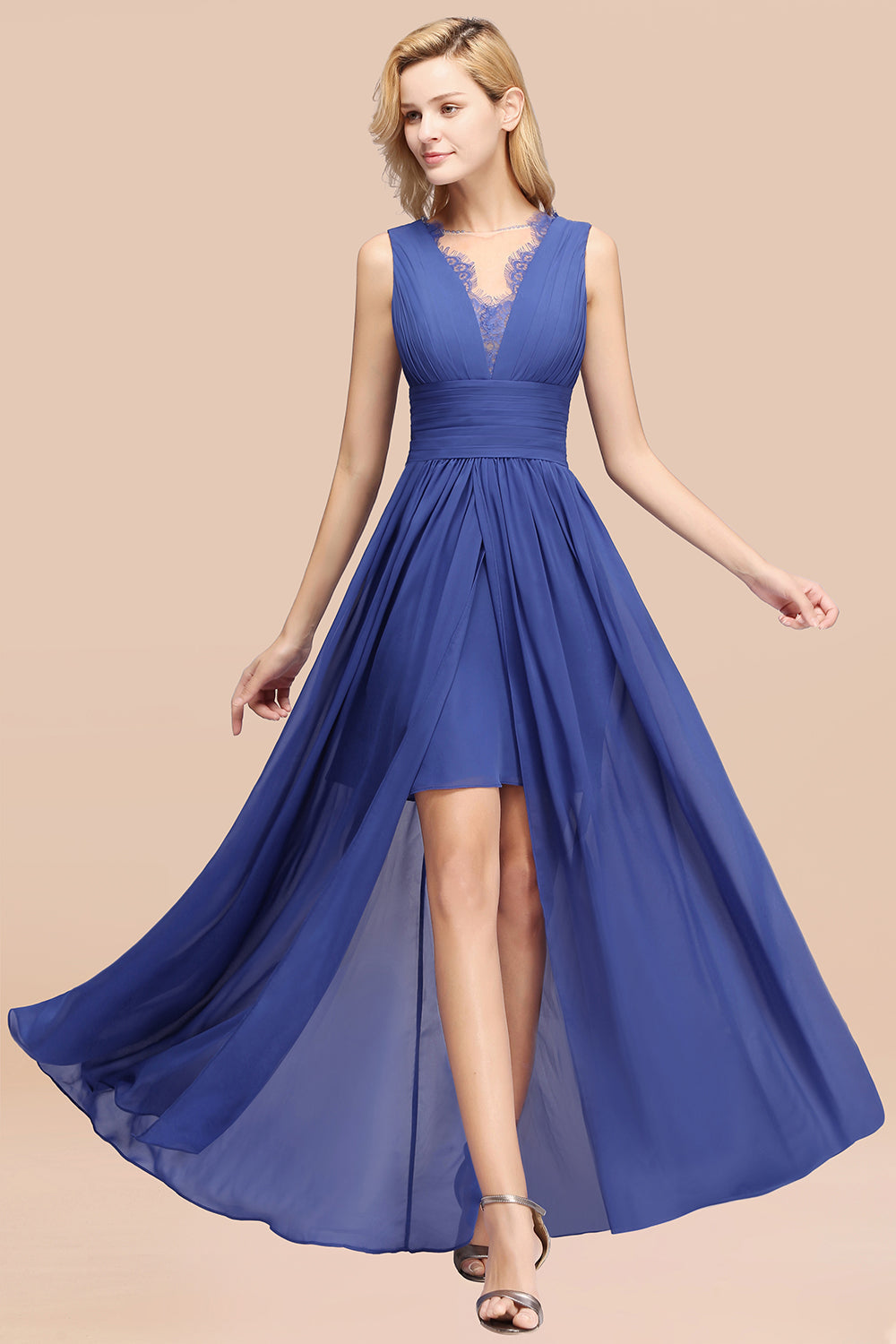 Elegant Chiffon Lace Jewel Sleeveless Bridesmaid Dresses with Ruffle - Fashionpara