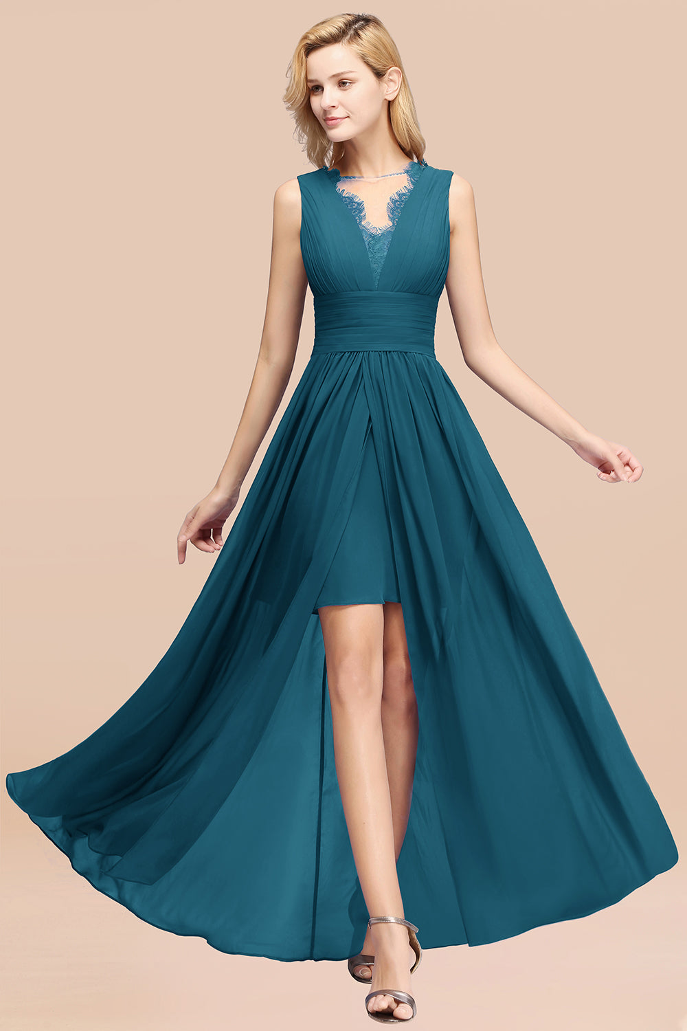Elegant Chiffon Lace Jewel Sleeveless Bridesmaid Dresses with Ruffle - Fashionpara