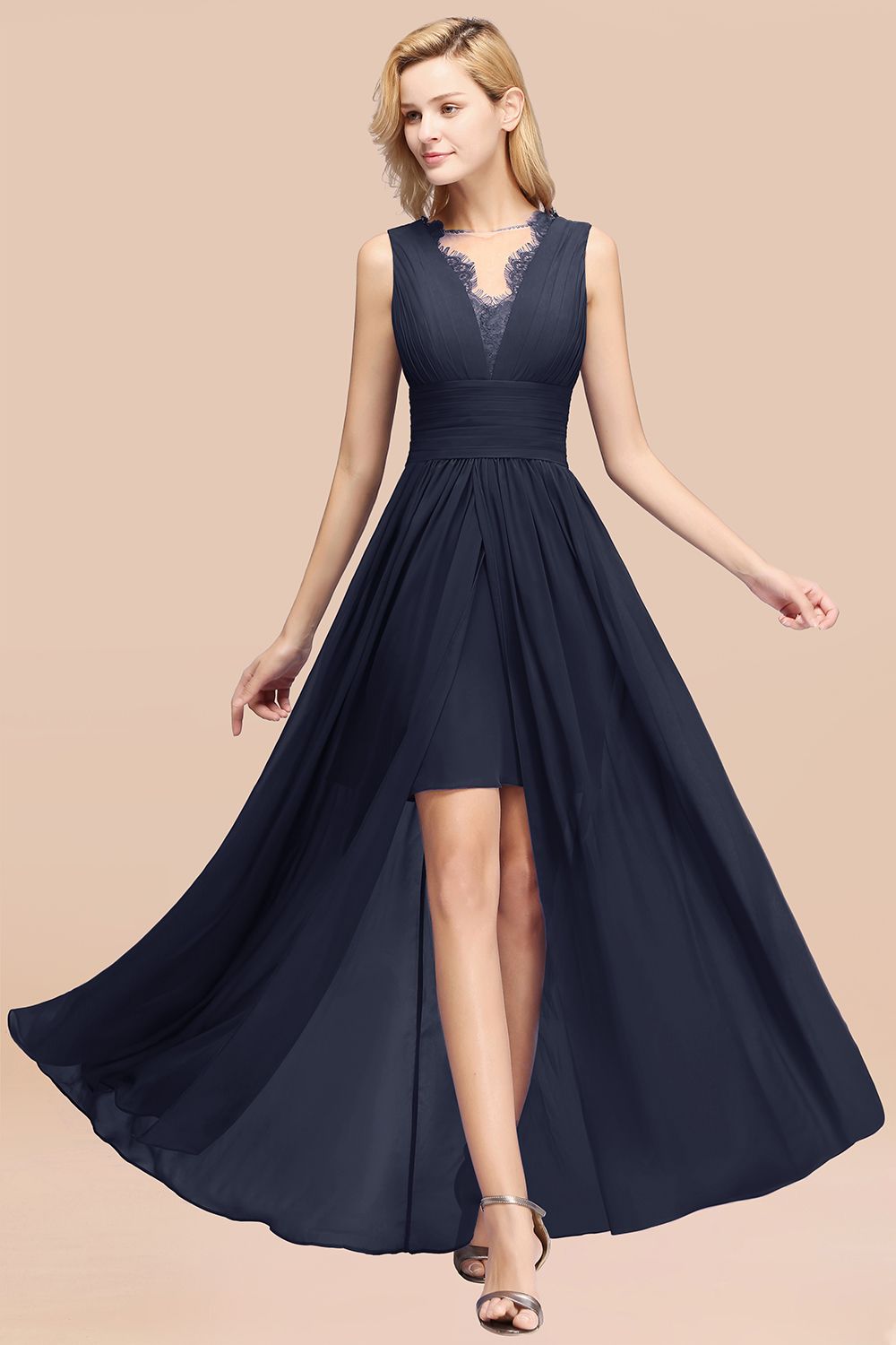 Elegant Chiffon Lace Jewel Sleeveless Bridesmaid Dresses with Ruffle - Fashionpara