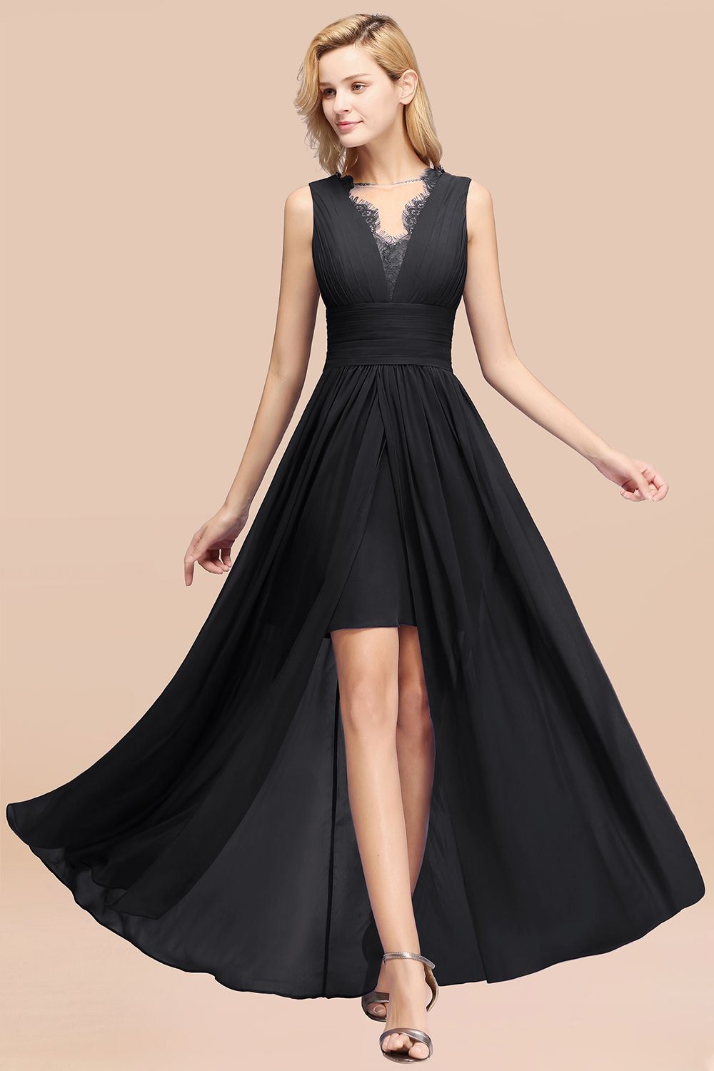 Elegant Chiffon Lace Jewel Sleeveless Bridesmaid Dresses with Ruffle - Fashionpara