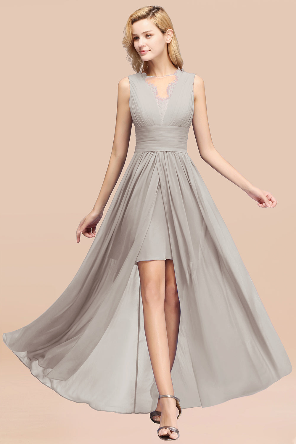Elegant Chiffon Lace Jewel Sleeveless Bridesmaid Dresses with Ruffle - Fashionpara