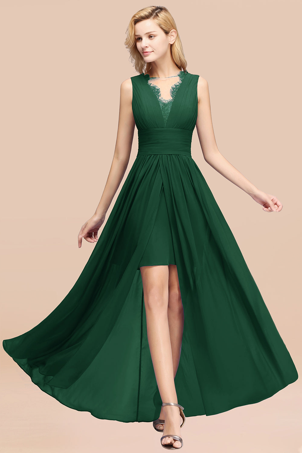 Elegant Chiffon Lace Jewel Sleeveless Bridesmaid Dresses with Ruffle - Fashionpara