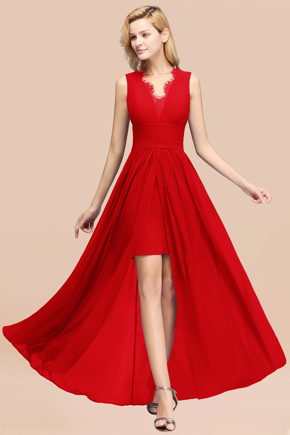 Elegant Chiffon Lace Jewel Sleeveless Bridesmaid Dresses with Ruffle - Fashionpara