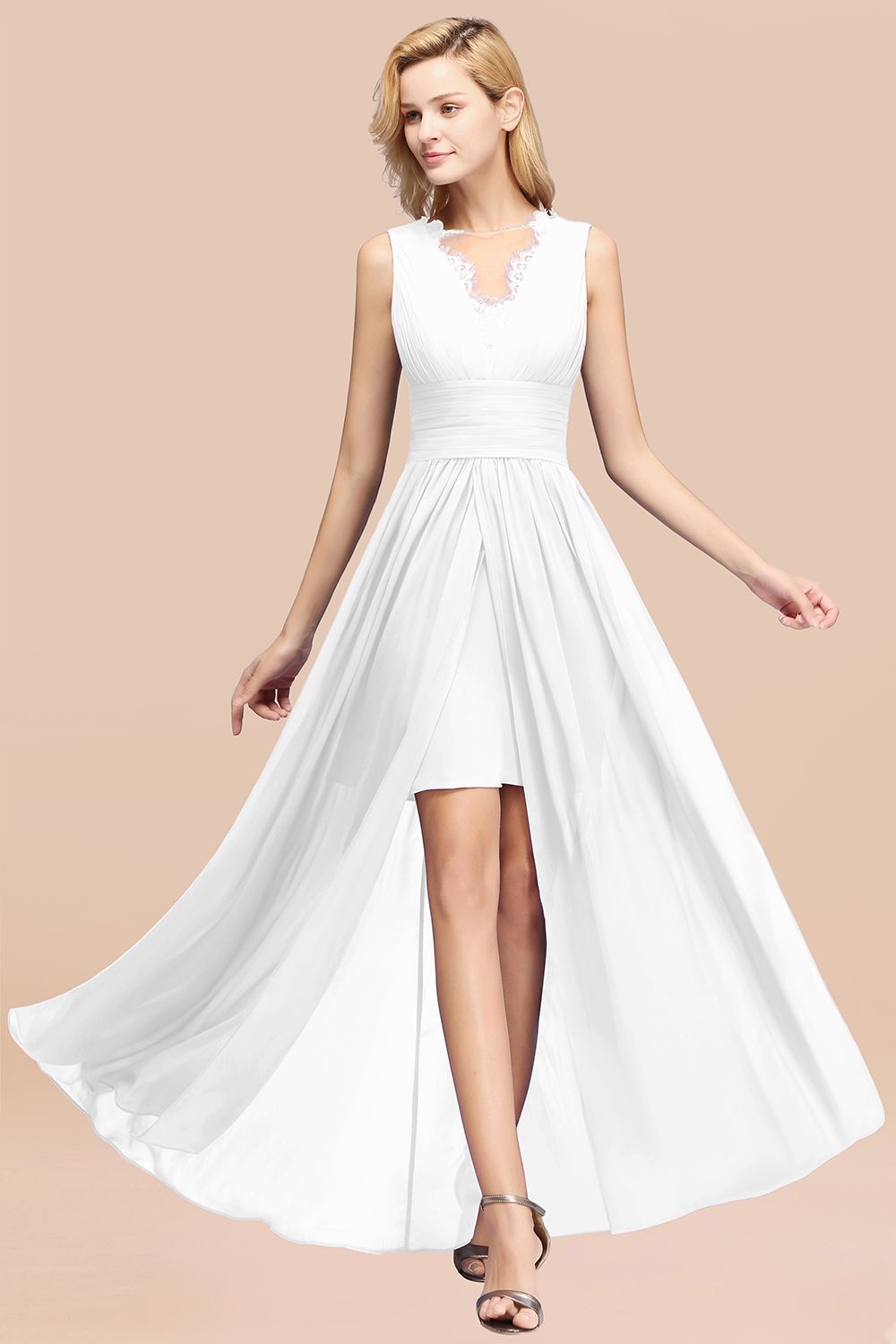 Elegant Chiffon Lace Jewel Sleeveless Bridesmaid Dresses with Ruffle - Fashionpara