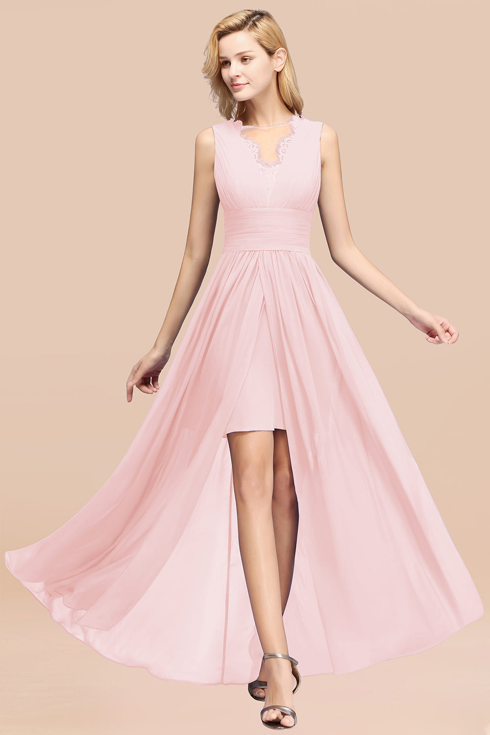 Elegant Chiffon Lace Jewel Sleeveless Bridesmaid Dresses with Ruffle - Fashionpara