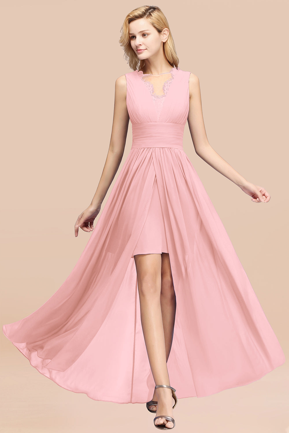 Elegant Chiffon Lace Jewel Sleeveless Bridesmaid Dresses with Ruffle - Fashionpara