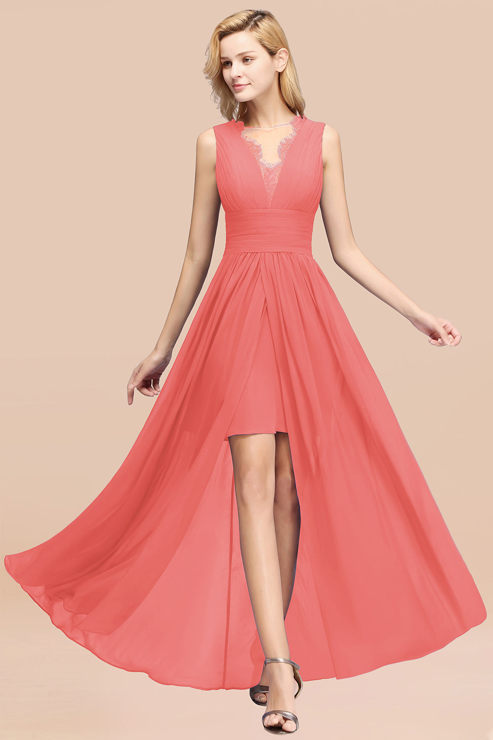 Elegant Chiffon Lace Jewel Sleeveless Bridesmaid Dresses with Ruffle - Fashionpara