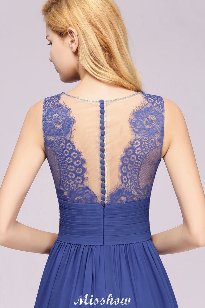 Elegant Chiffon Lace Jewel Sleeveless Floor-Length A-Line Ruffles Bridesmaid Dress