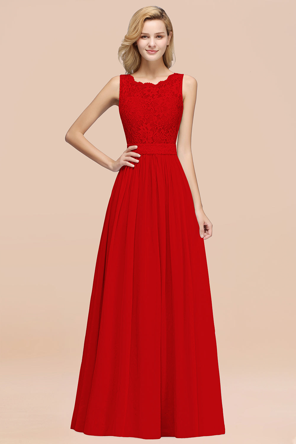 Elegant Chiffon Lace Scalloped Sleeveless Ruffle Bridesmaid dresses - Fashionpara
