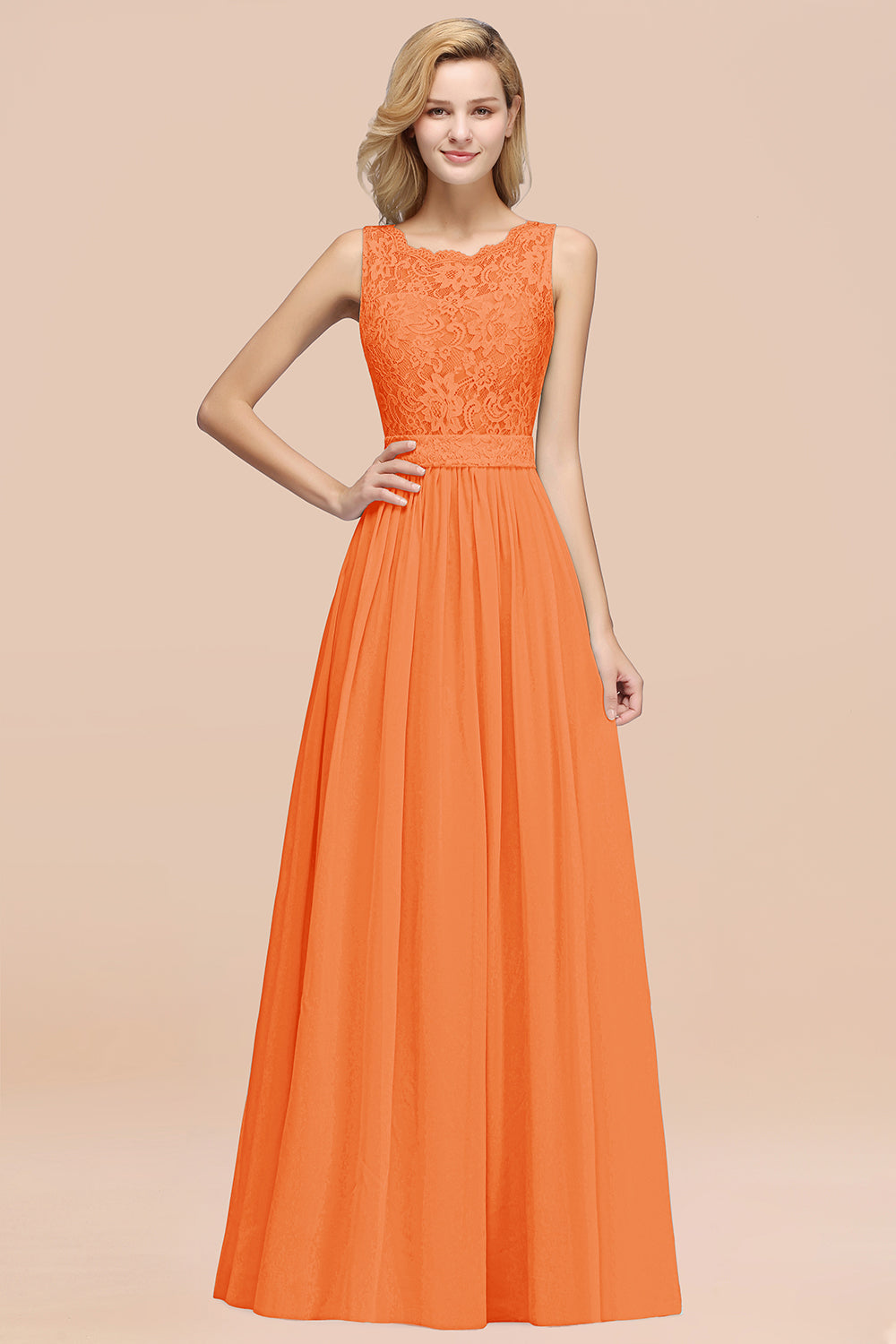 Elegant Chiffon Lace Scalloped Sleeveless Ruffle Bridesmaid dresses - Fashionpara