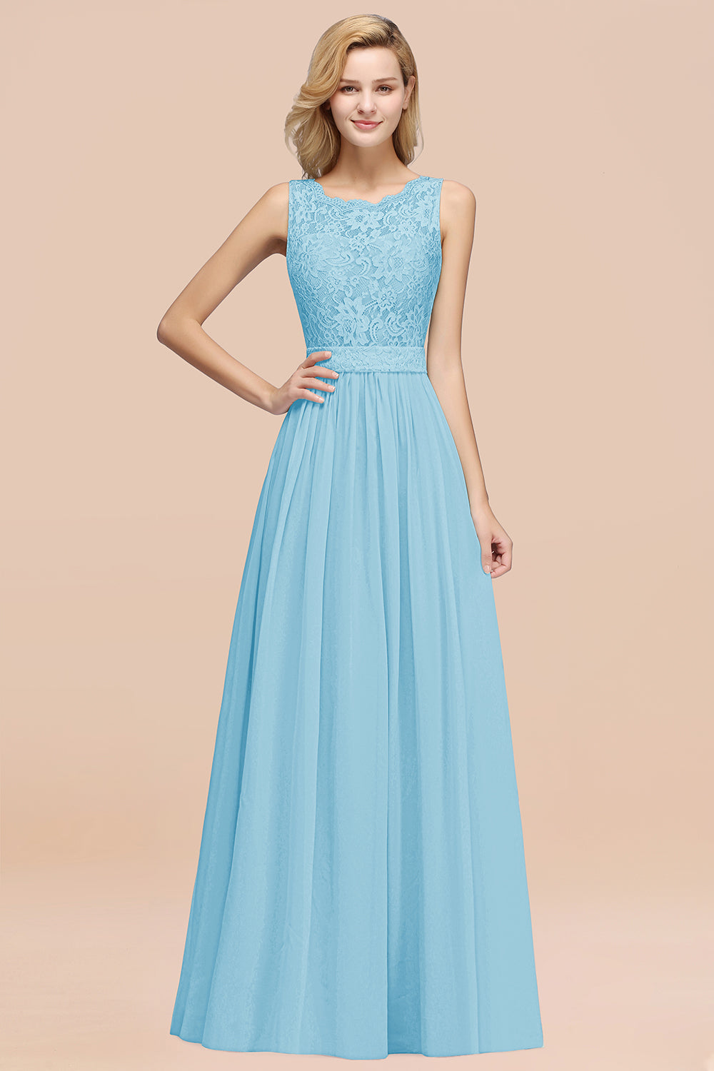 Elegant Chiffon Lace Scalloped Sleeveless Ruffle Bridesmaid dresses - Fashionpara