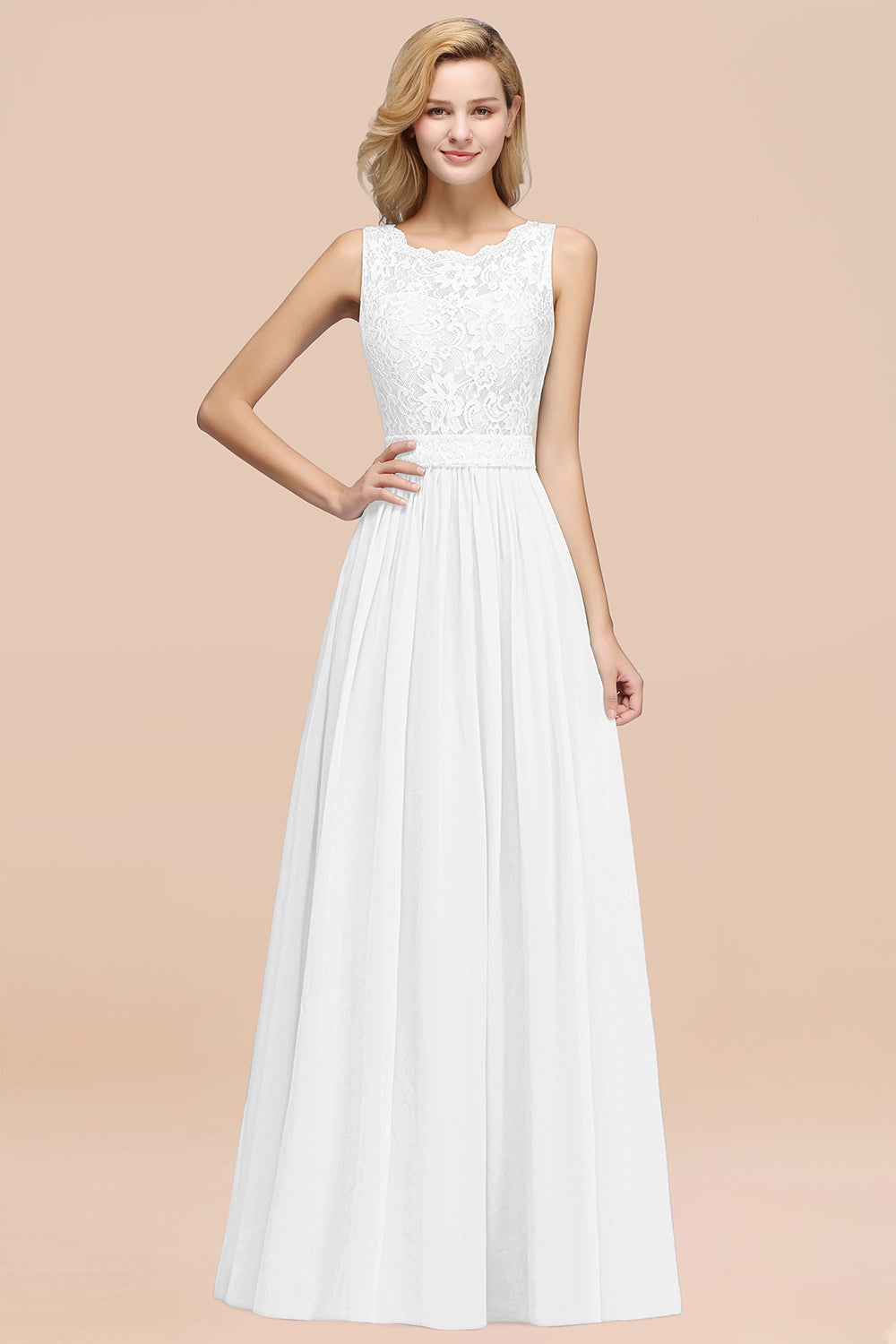 Elegant Chiffon Lace Scalloped Sleeveless Ruffle Bridesmaid dresses - Fashionpara