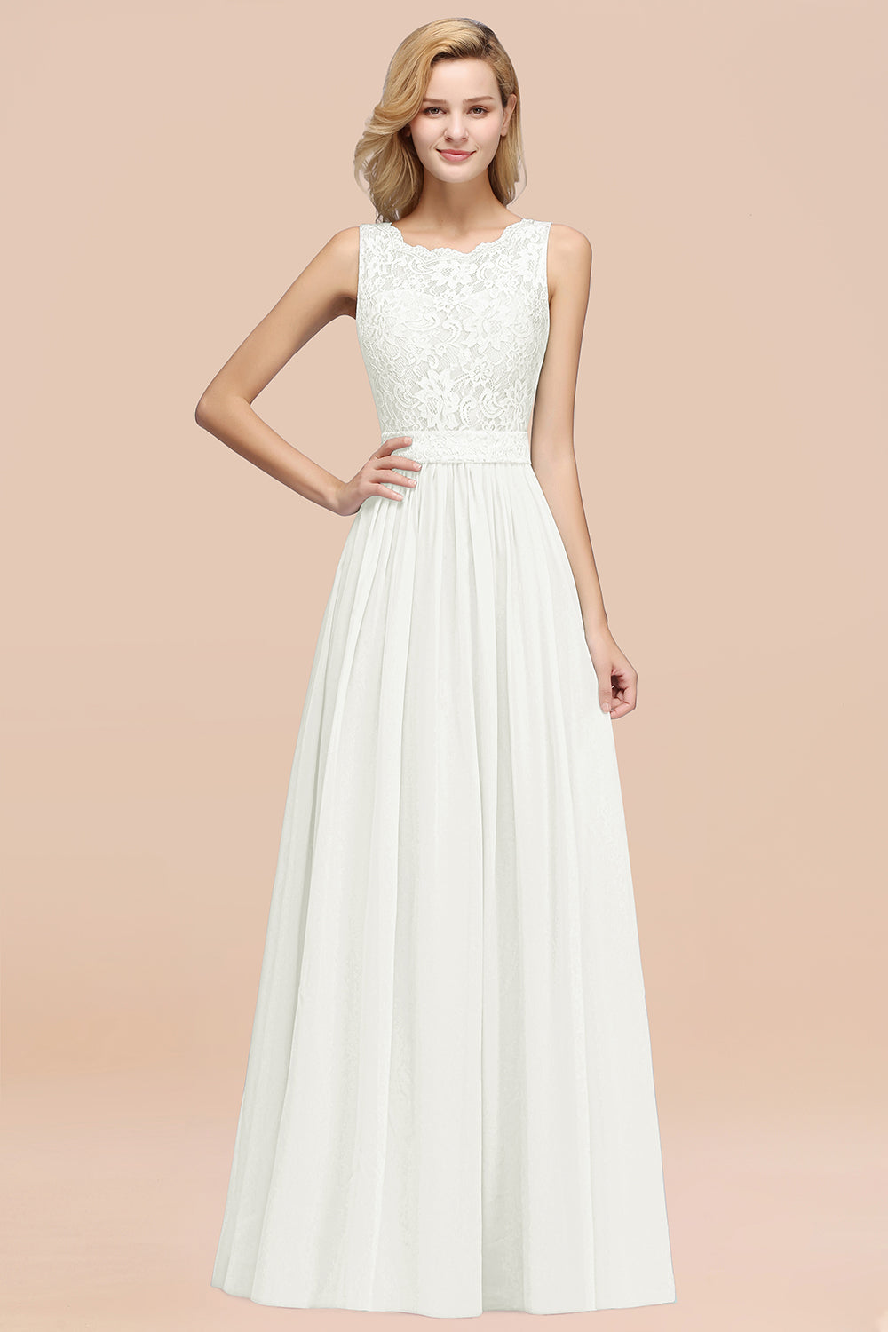 Elegant Chiffon Lace Scalloped Sleeveless Ruffle Bridesmaid dresses - Fashionpara