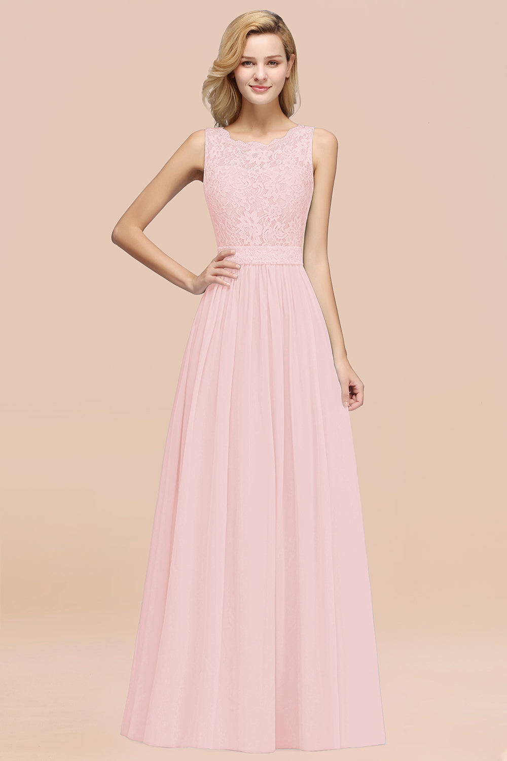 Elegant Chiffon Lace Scalloped Sleeveless Ruffle Bridesmaid dresses - Fashionpara