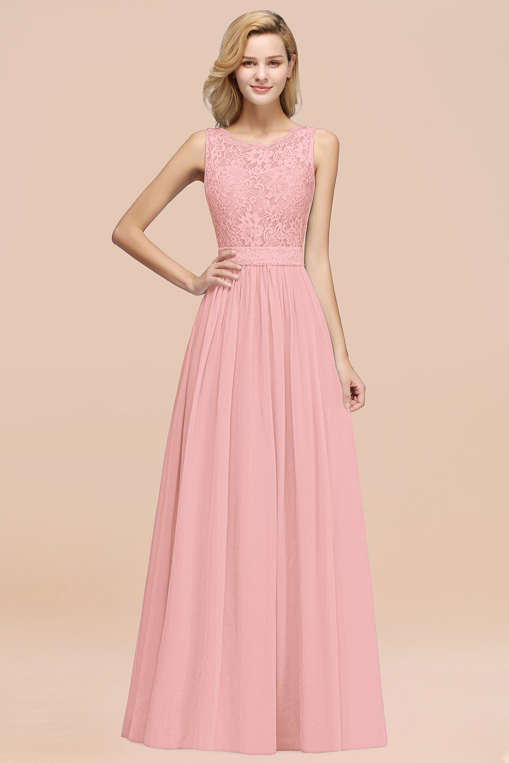 Elegant Chiffon Lace Scalloped Sleeveless Ruffle Bridesmaid dresses - Fashionpara