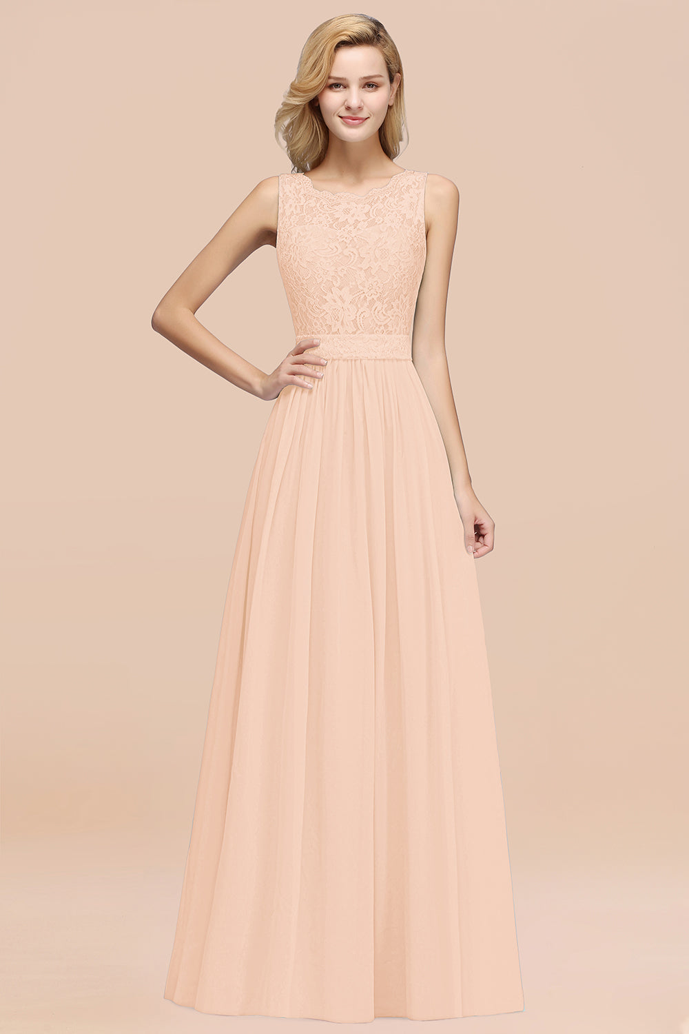 Elegant Chiffon Lace Scalloped Sleeveless Ruffle Bridesmaid dresses - Fashionpara