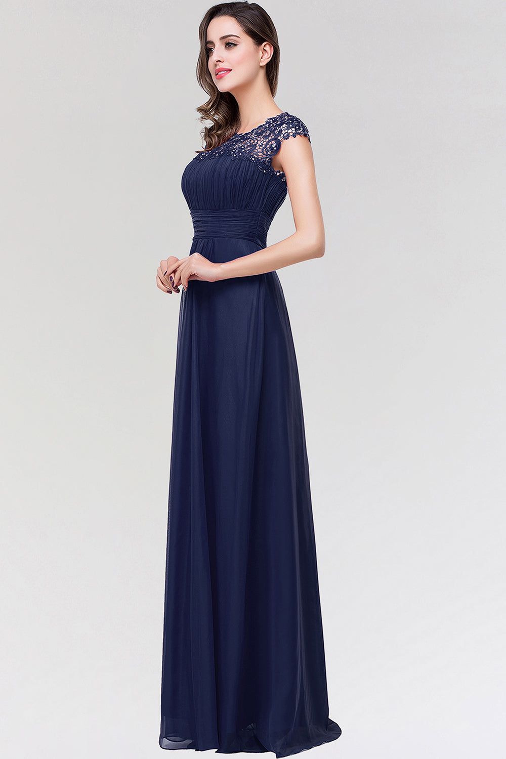 Elegant Chiffon Pleated Navy Lace Bridesmaid Dresses with Keyhole Back - Fashionpara