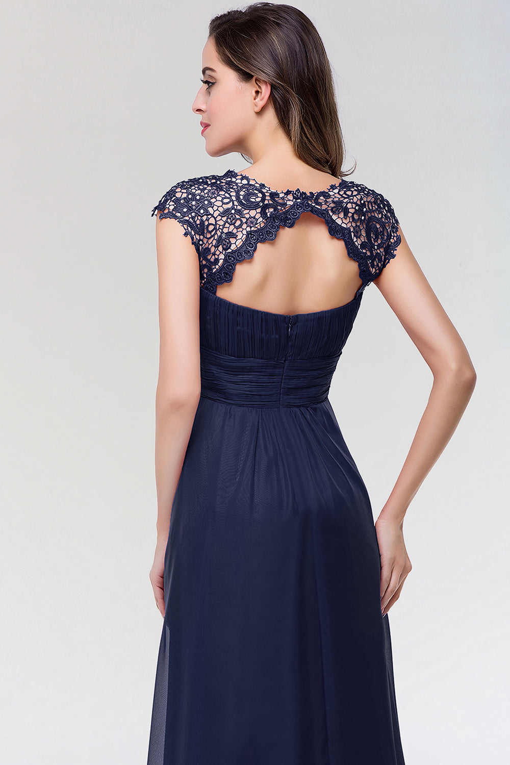 Elegant Chiffon Pleated Navy Lace Bridesmaid Dresses with Keyhole Back - Fashionpara