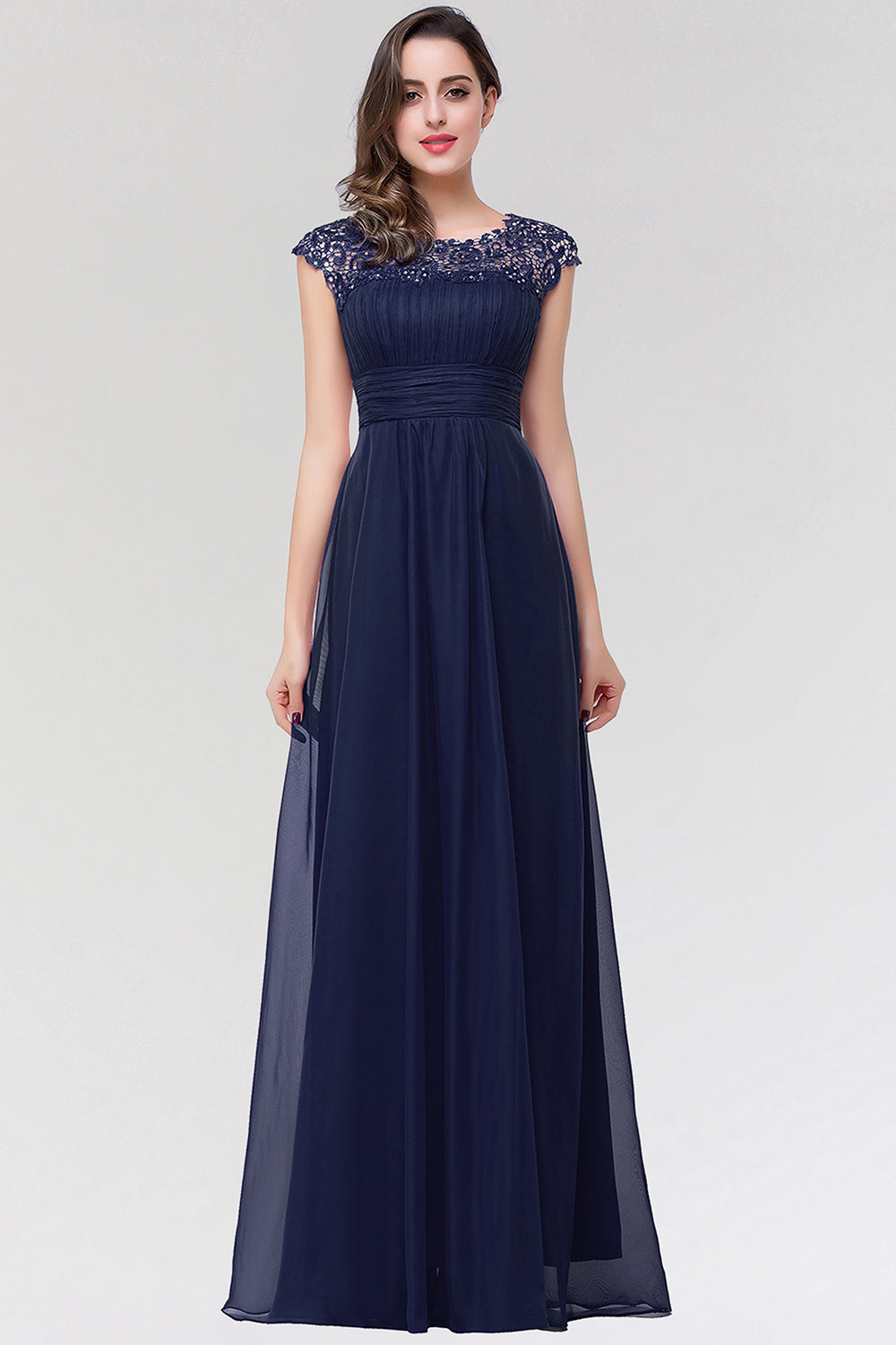 Elegant Chiffon Pleated Navy Lace Bridesmaid Dresses with Keyhole Back - Fashionpara