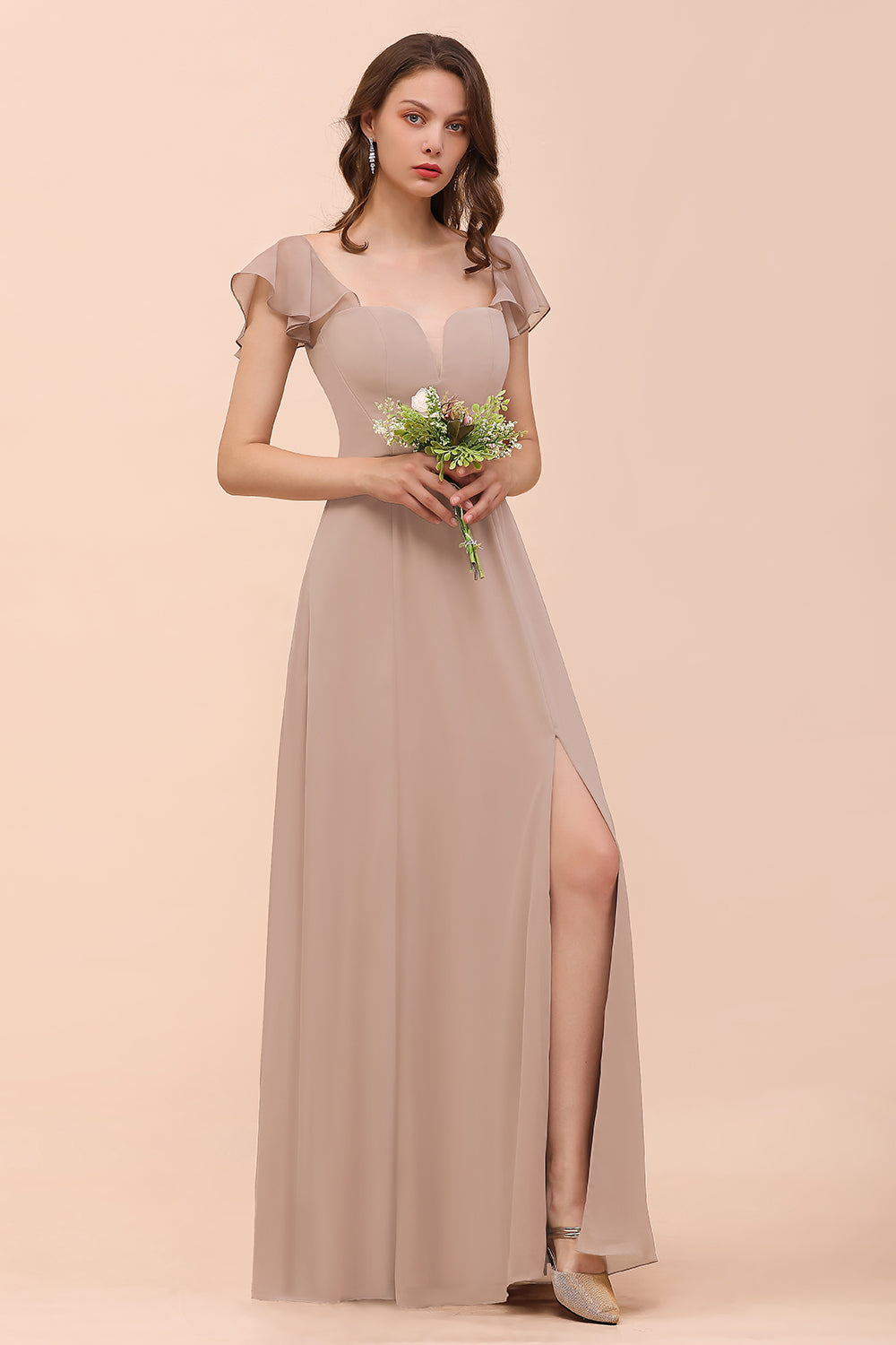 Elegant Chiffon Slit Affordable Bridesmaid dresses with Short Sleeves - Fashionpara