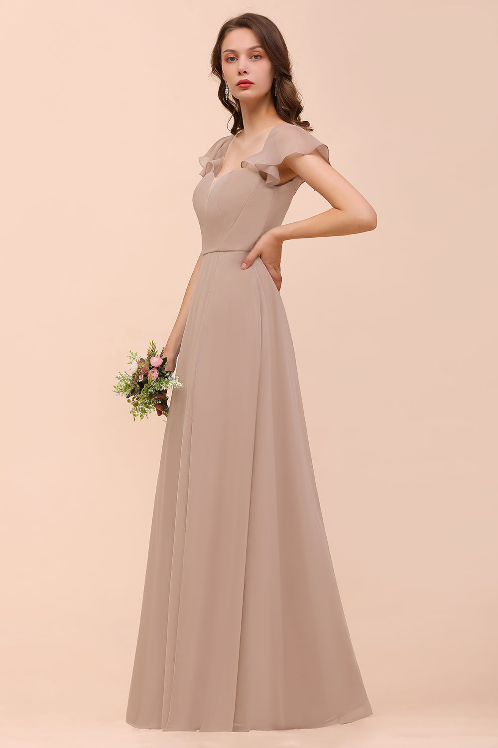 Elegant Chiffon Slit Affordable Bridesmaid dresses with Short Sleeves - Fashionpara