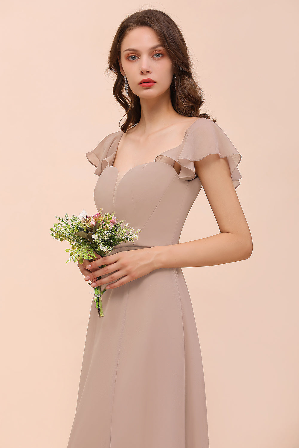 Elegant Chiffon Slit Affordable Bridesmaid dresses with Short Sleeves - Fashionpara