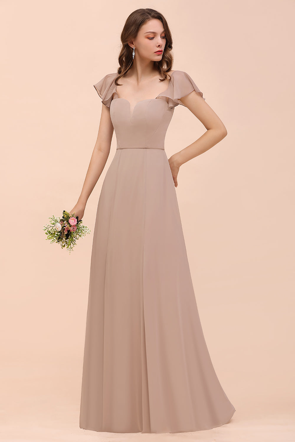 Elegant Chiffon Slit Affordable Bridesmaid dresses with Short Sleeves - Fashionpara
