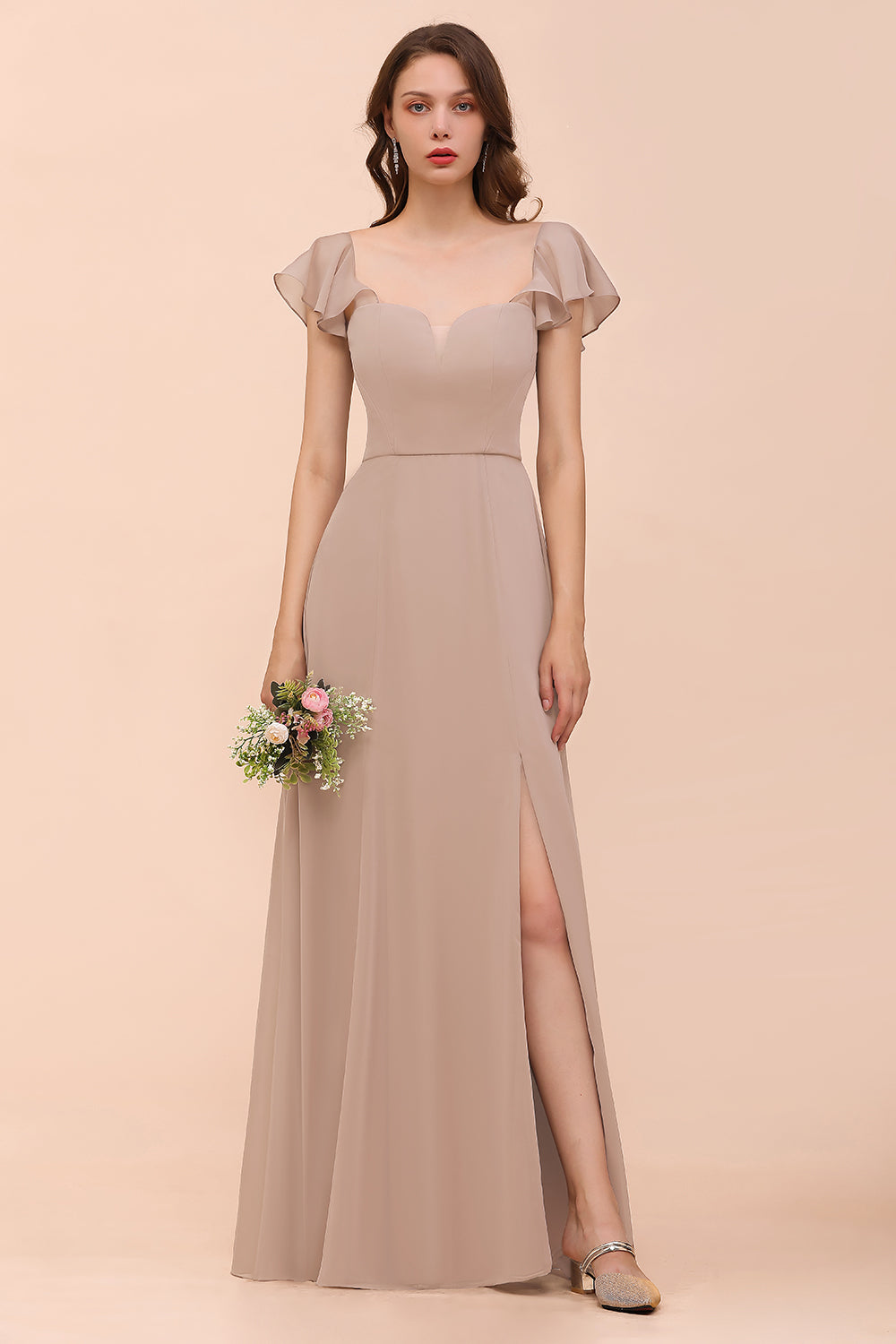 Elegant Chiffon Slit Affordable Bridesmaid dresses with Short Sleeves - Fashionpara
