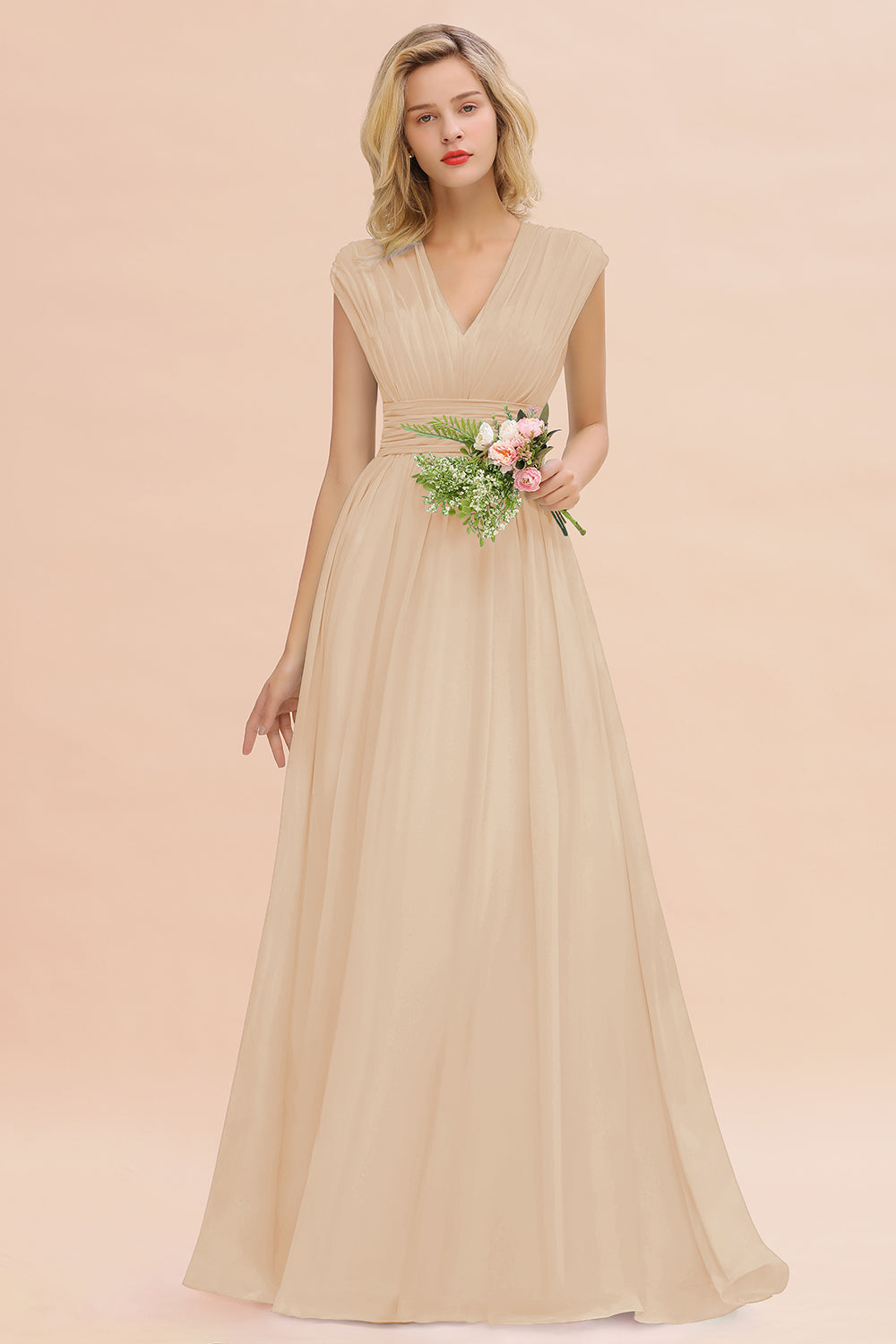 Elegant Chiffon V-Neck Ruffle Long Bridesmaid dresses Affordable - Fashionpara