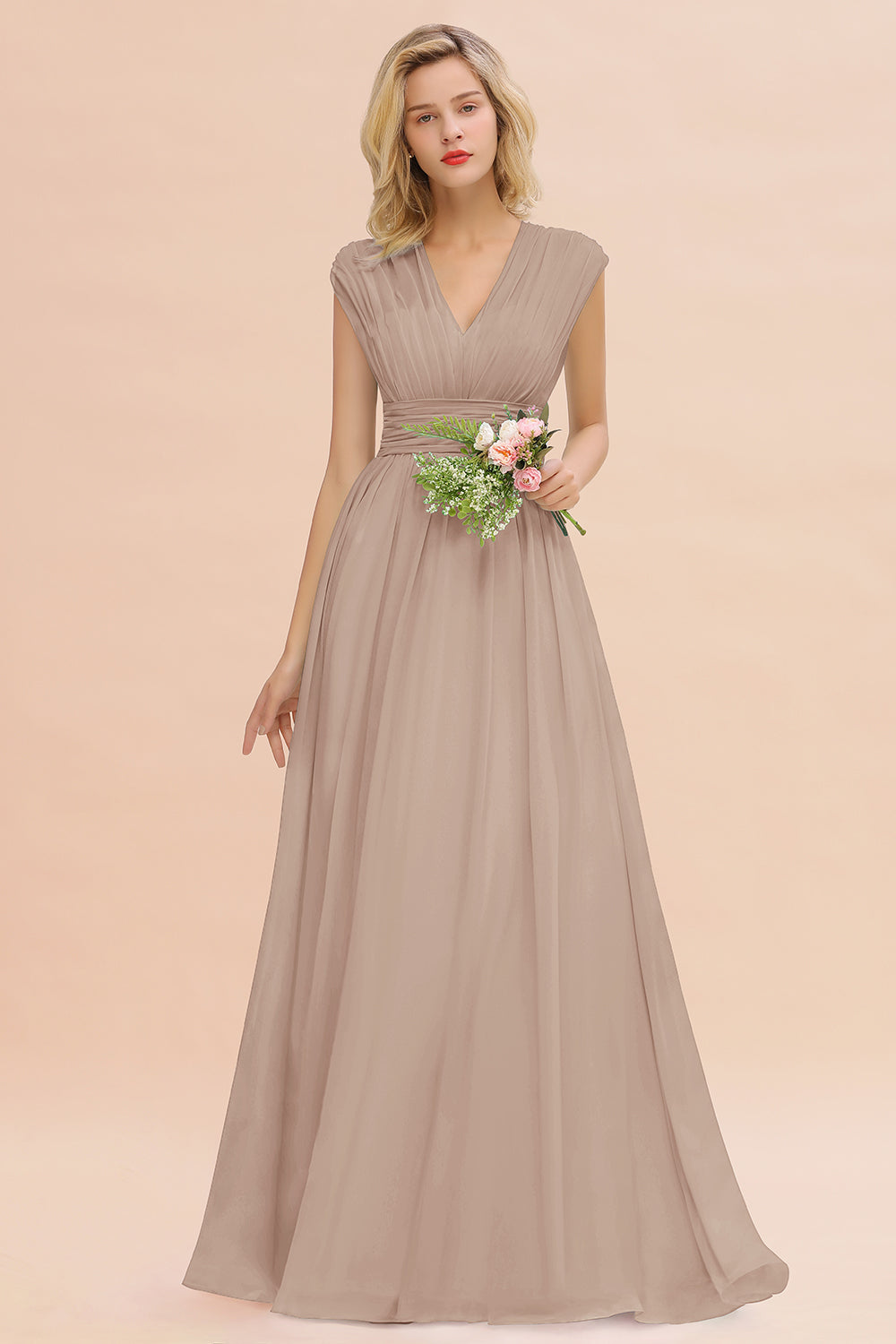 Elegant Chiffon V-Neck Ruffle Long Bridesmaid dresses Affordable - Fashionpara