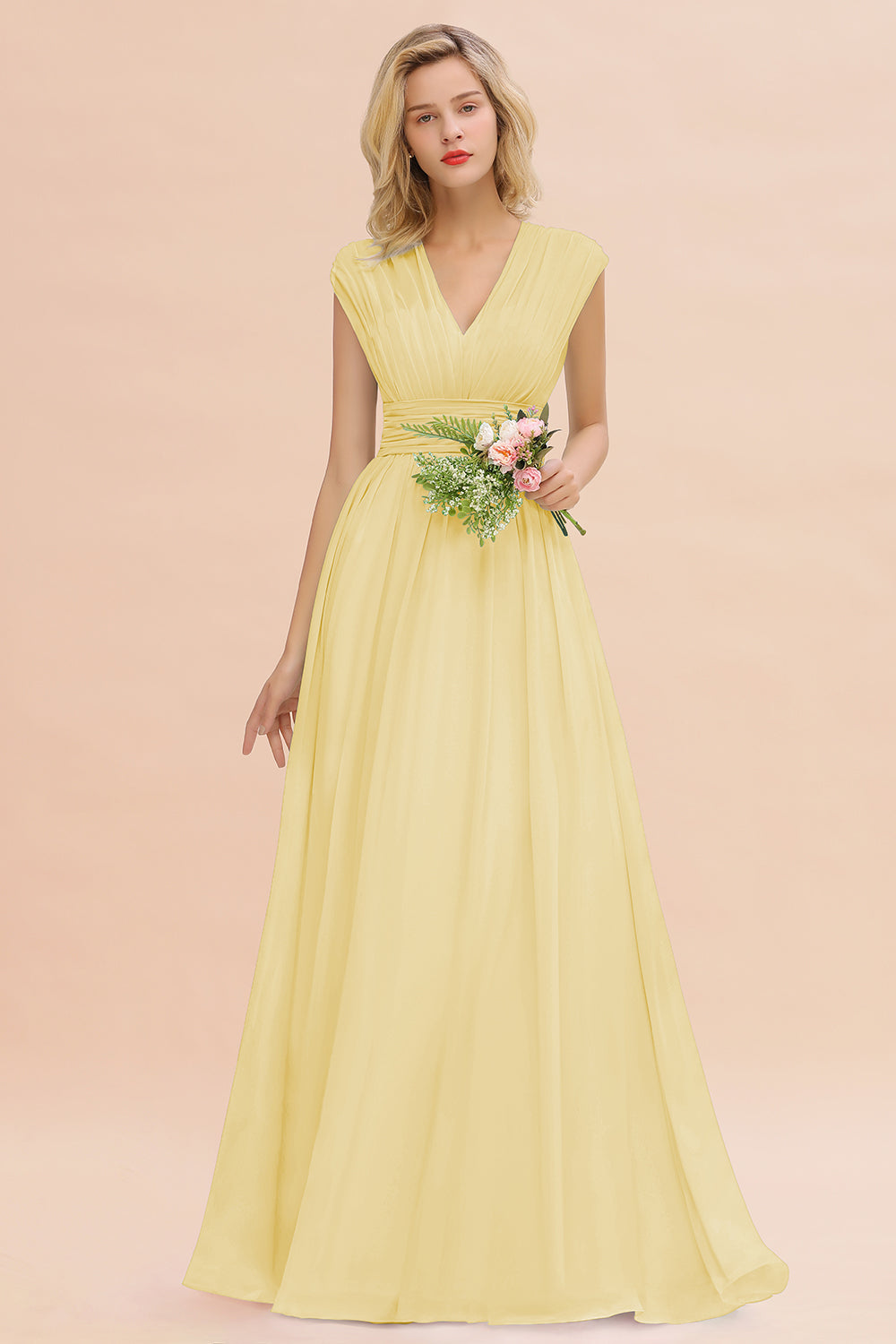 Elegant Chiffon V-Neck Ruffle Long Bridesmaid dresses Affordable - Fashionpara