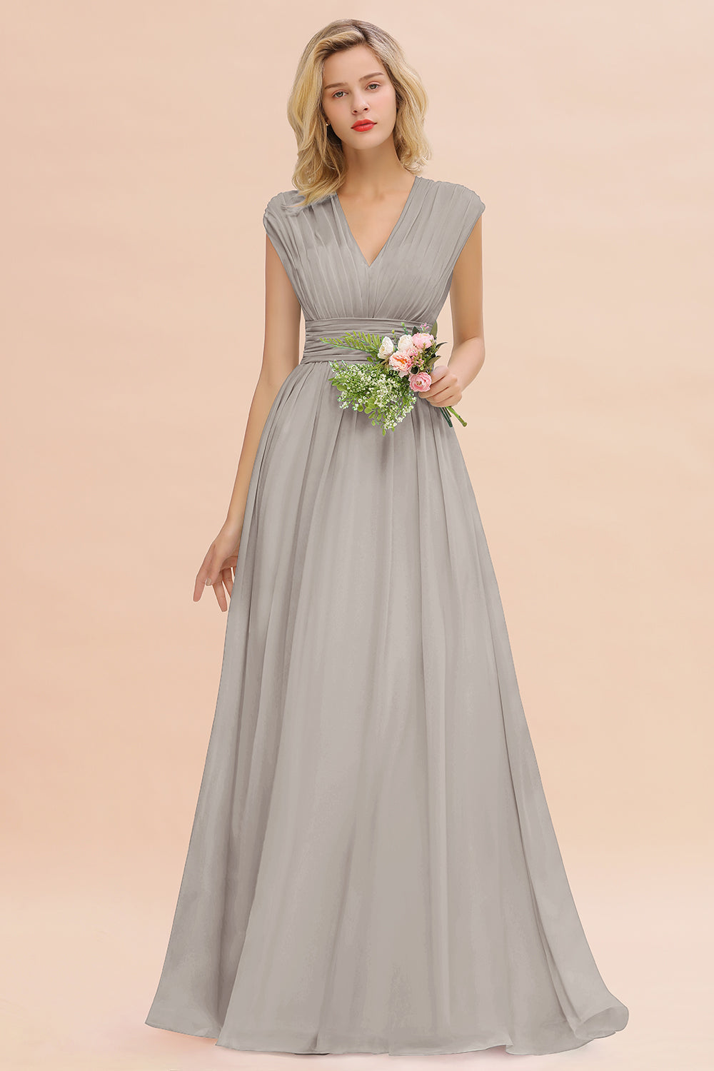 Elegant Chiffon V-Neck Ruffle Long Bridesmaid dresses Affordable - Fashionpara