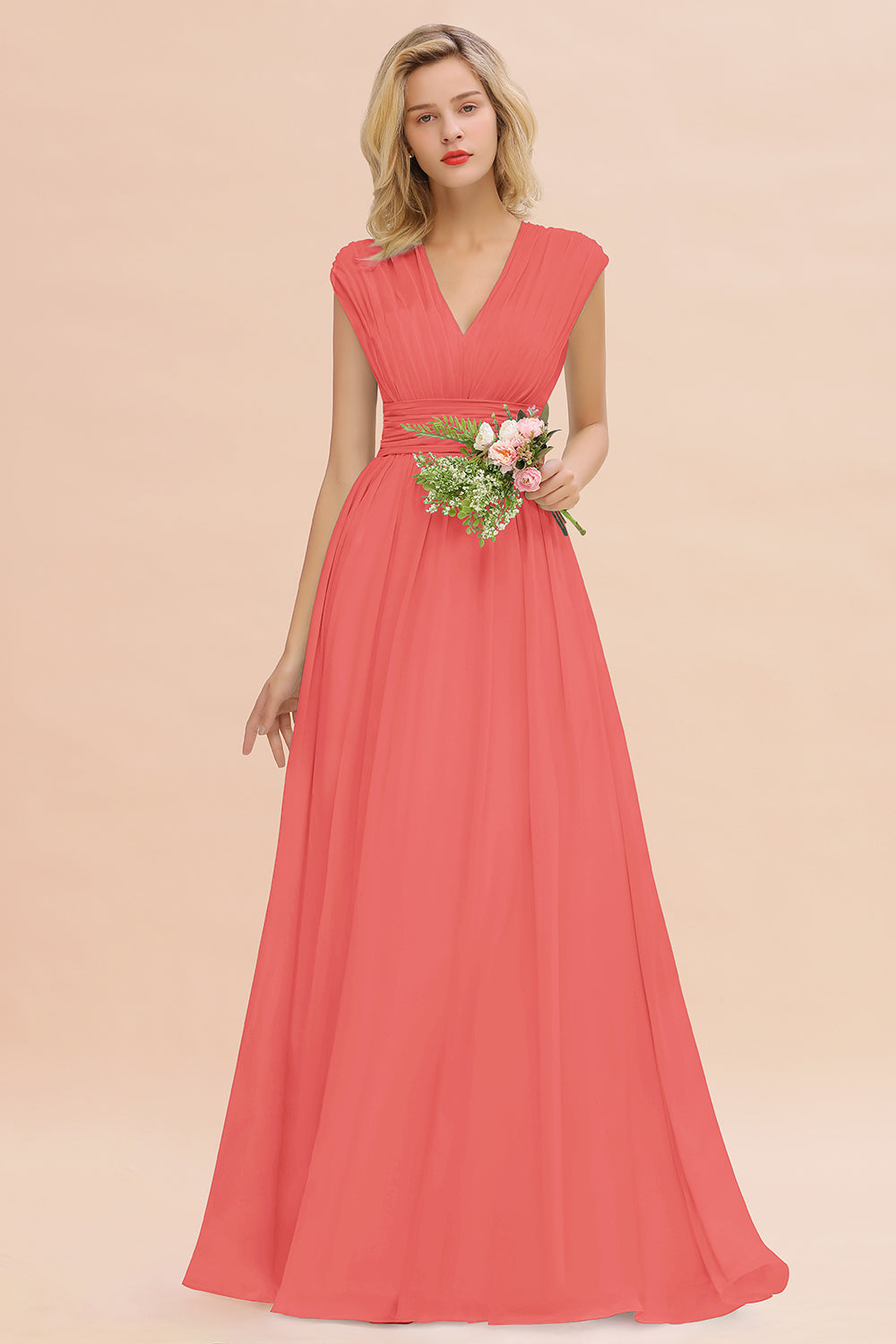Elegant Chiffon V-Neck Ruffle Long Bridesmaid dresses Affordable - Fashionpara