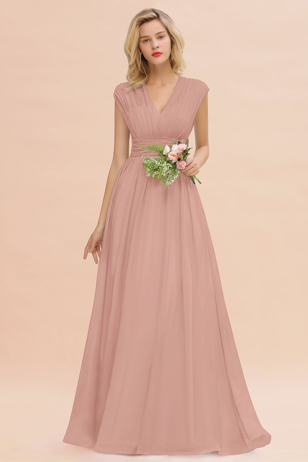 Elegant Chiffon V-Neck Ruffle Long Bridesmaid dresses Affordable