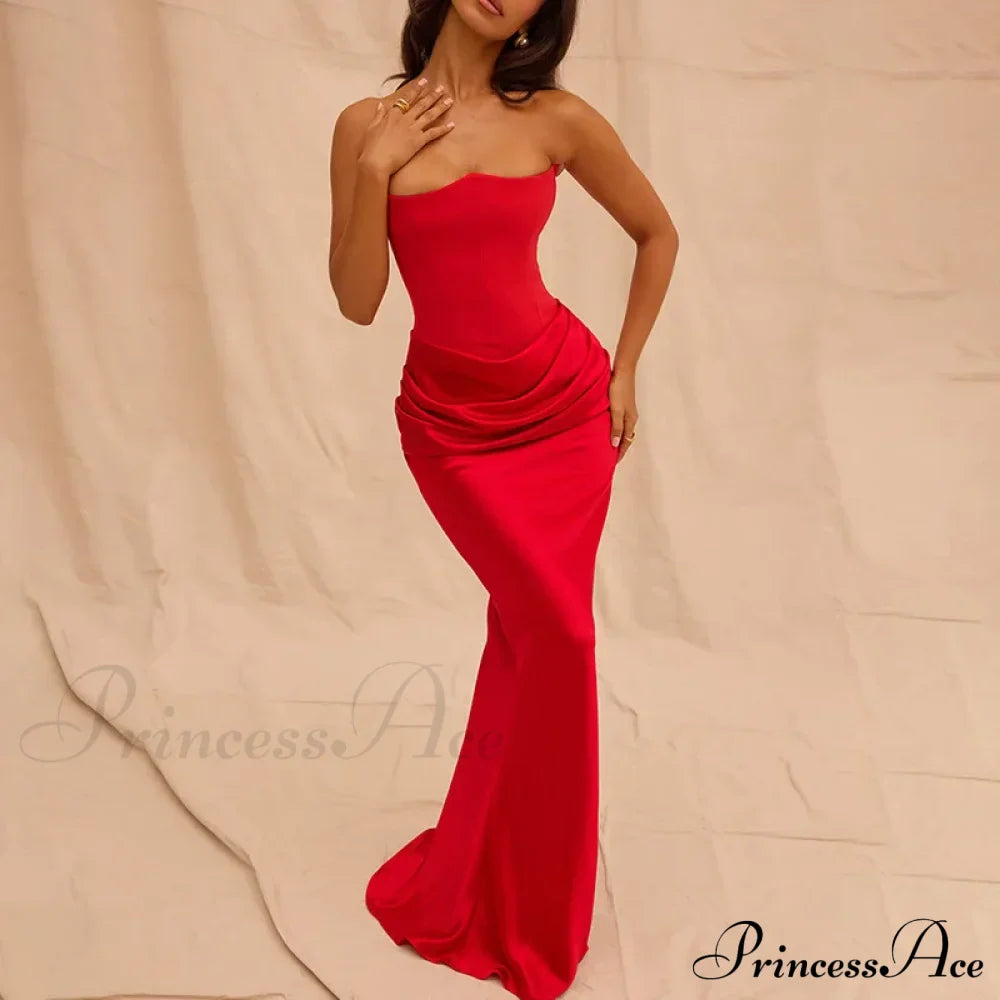 Elegant Corset Strap Neck Backless Maxi Red Christmas Party Dress