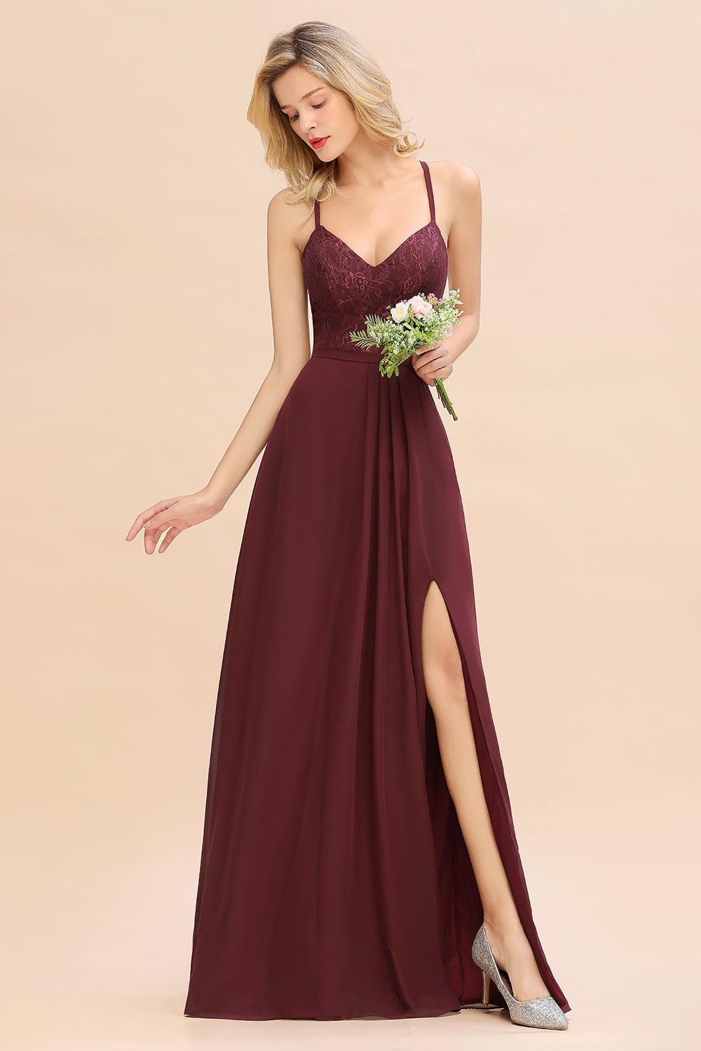 Elegant CrissCross Back Burgundy Lace Bridesmaid Dresses With Spaghetti Straps - Fashionpara