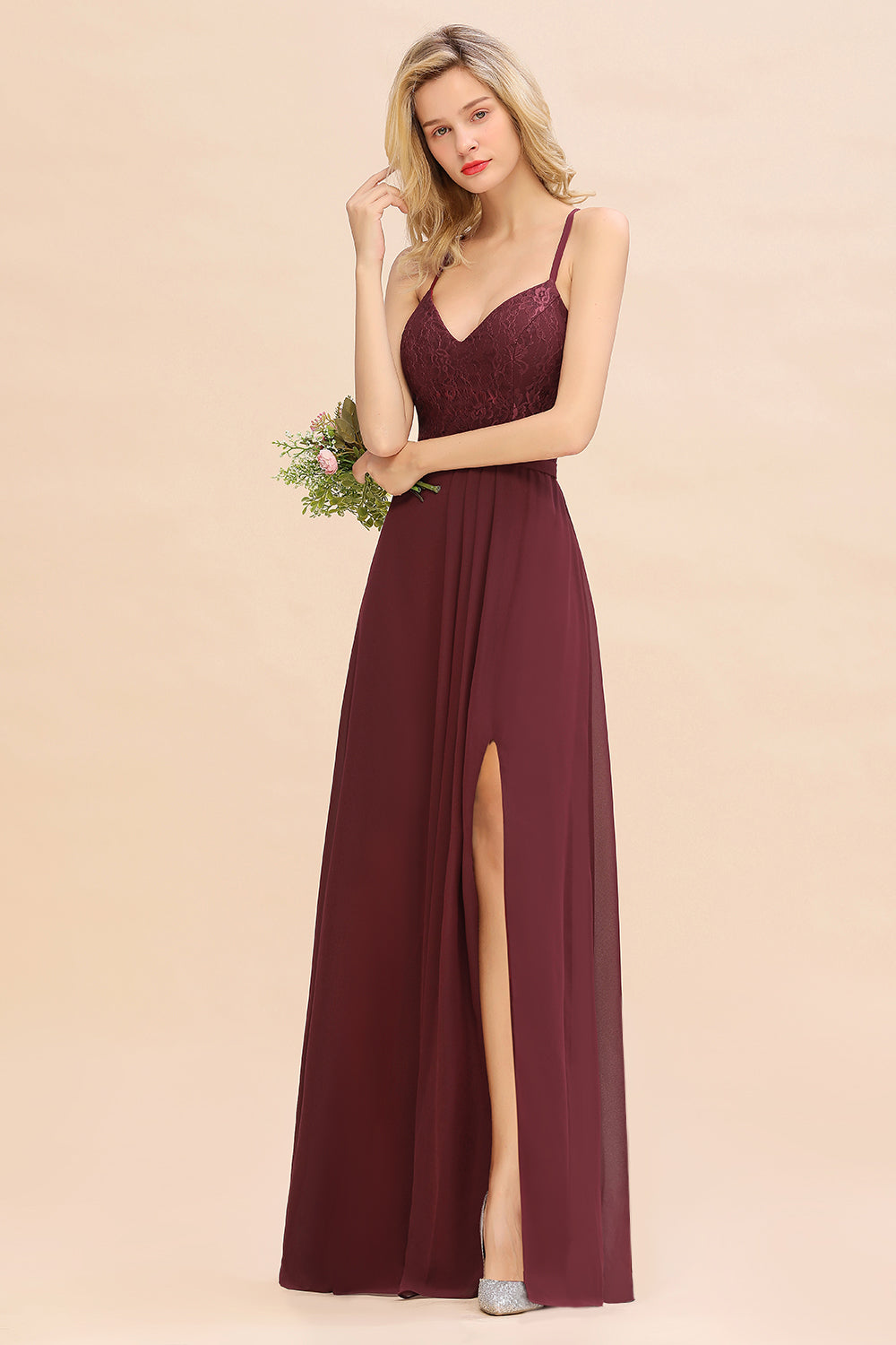 Elegant CrissCross Back Burgundy Lace Bridesmaid Dresses With Spaghetti Straps - Fashionpara