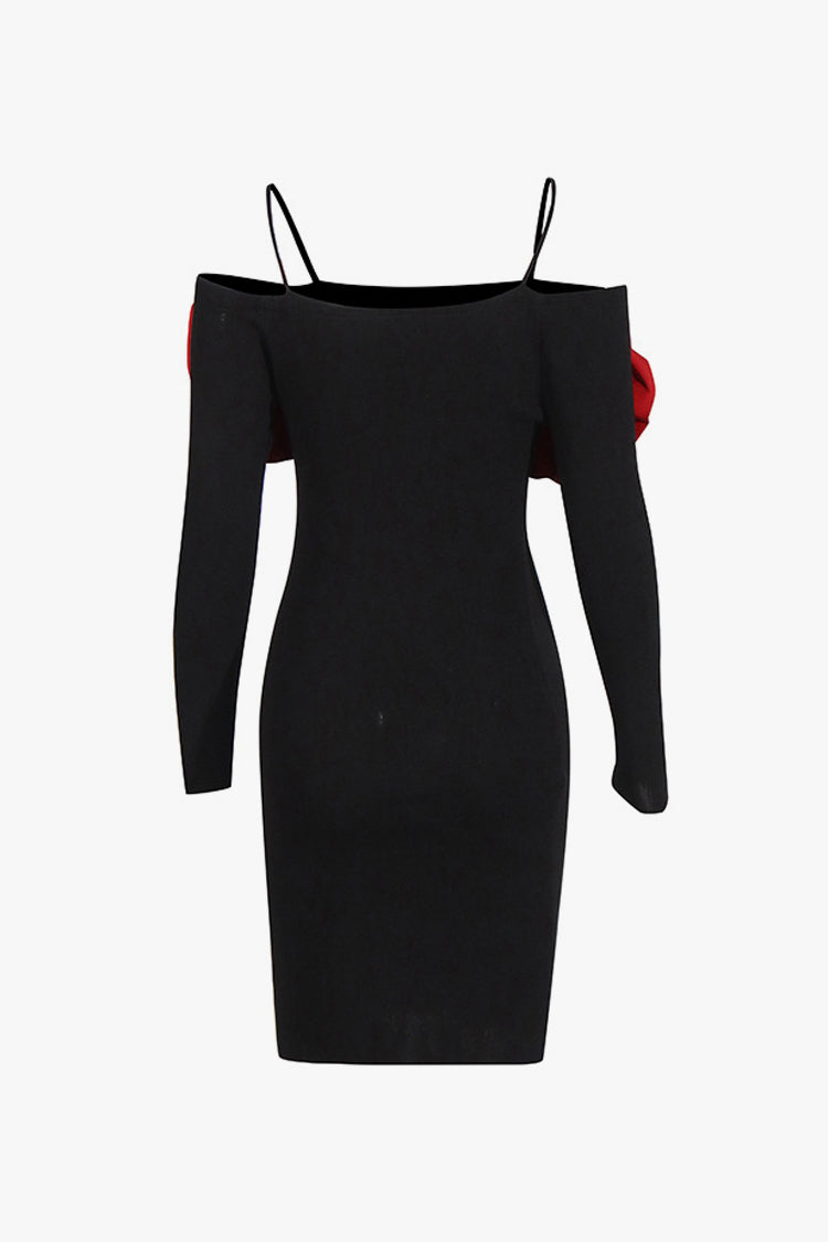 Elegant Crystal Rosette Cold Shoulder Sheath Sweater Party Mini Dress - Fashionpara