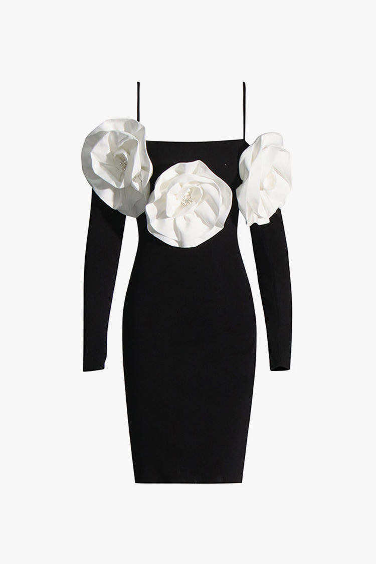 Elegant Crystal Rosette Cold Shoulder Sheath Sweater Party Mini Dress - Fashionpara
