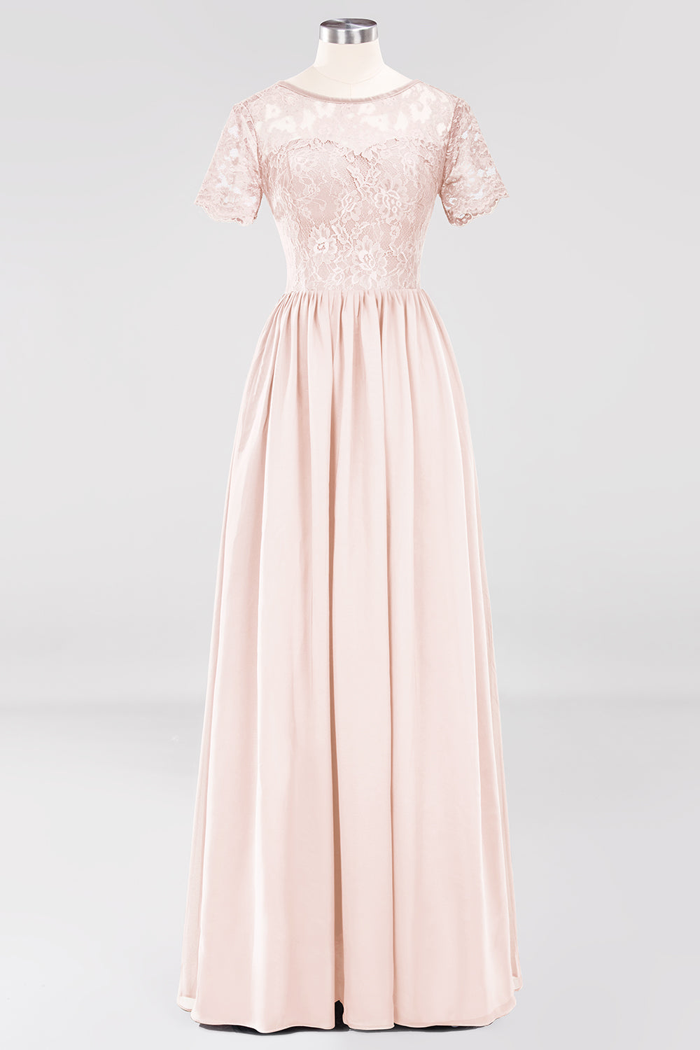 Elegant Dark Navy Long Lace Bridesmaid dresses with Short-Sleeves - Fashionpara