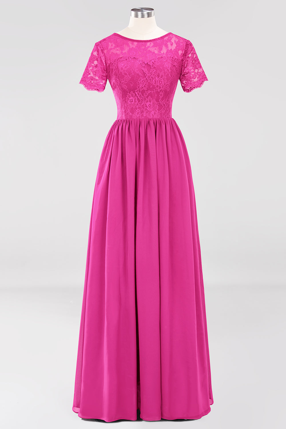 Elegant Dark Navy Long Lace Bridesmaid dresses with Short-Sleeves - Fashionpara
